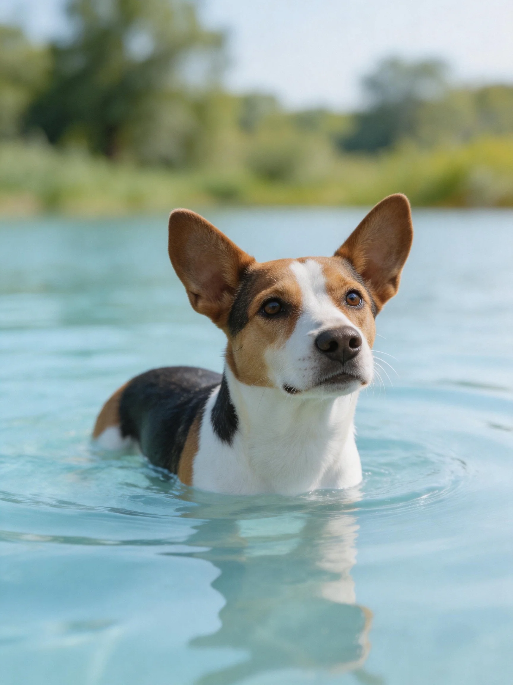 A tricolor dog is swimming in calm water with greenery in the background.