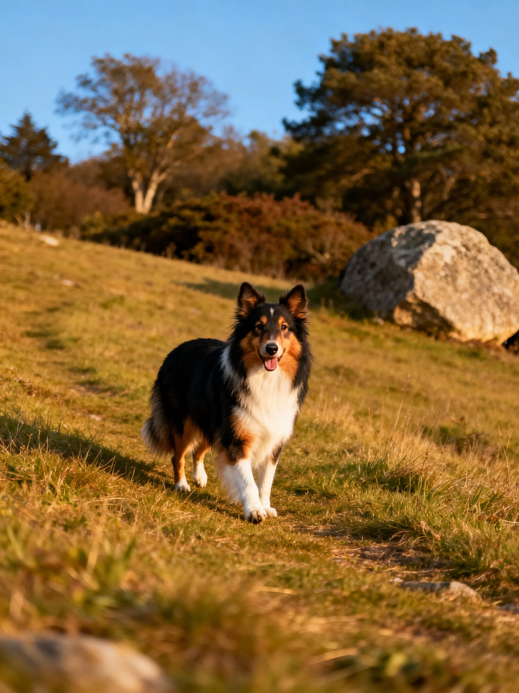 A tricolor dog walks on a sunlit grassy hillside near a large rock