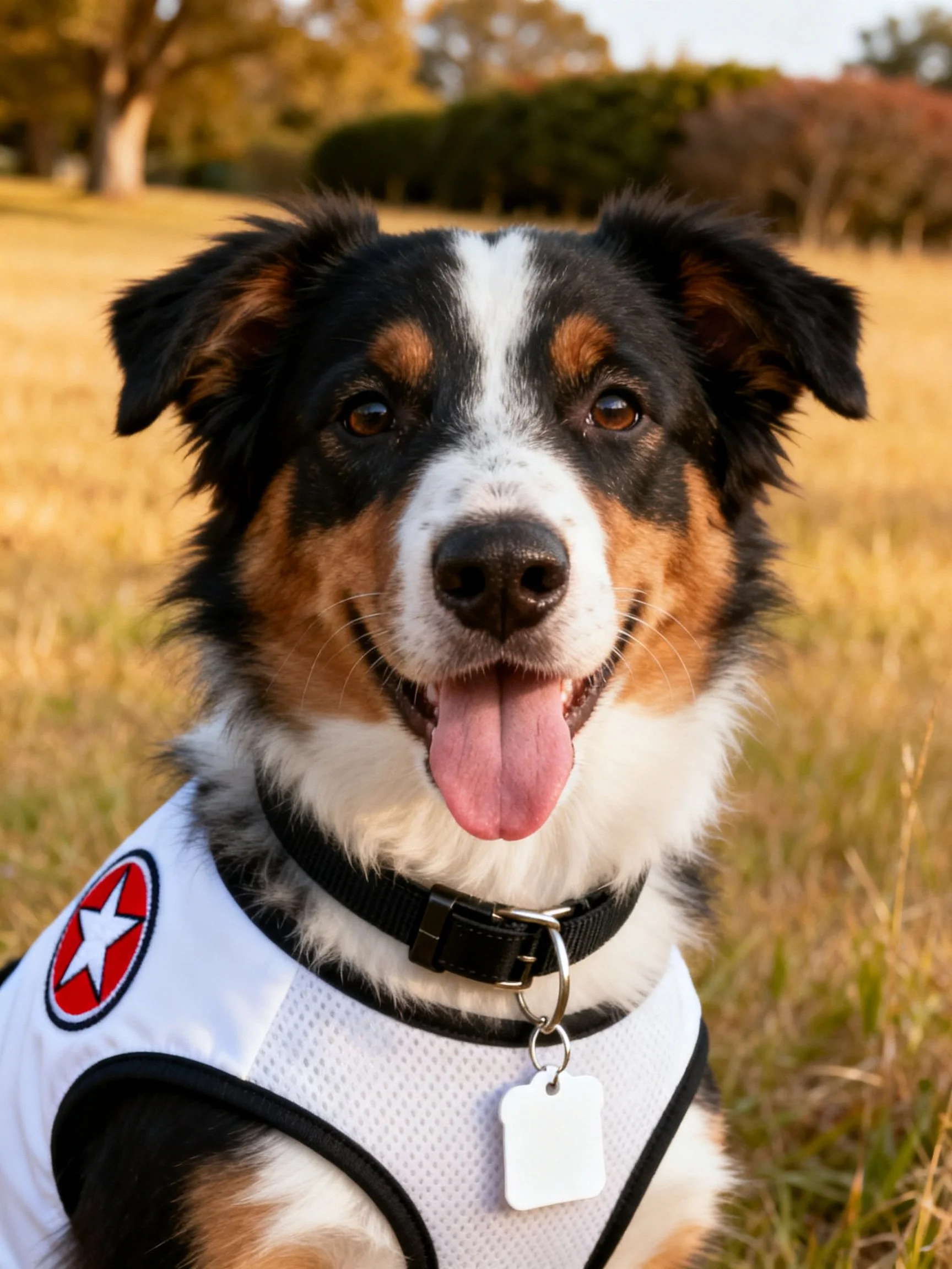A tricolor dog wearing a white harness with a red star emblem