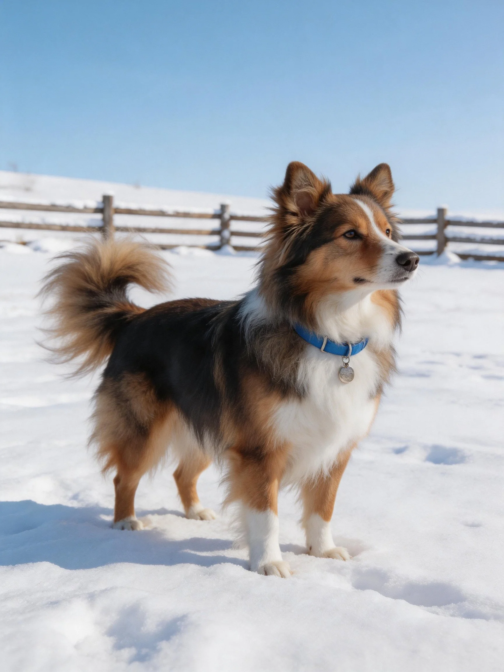 A tricolor dog with a blue collar stands in snow near a wooden fence
