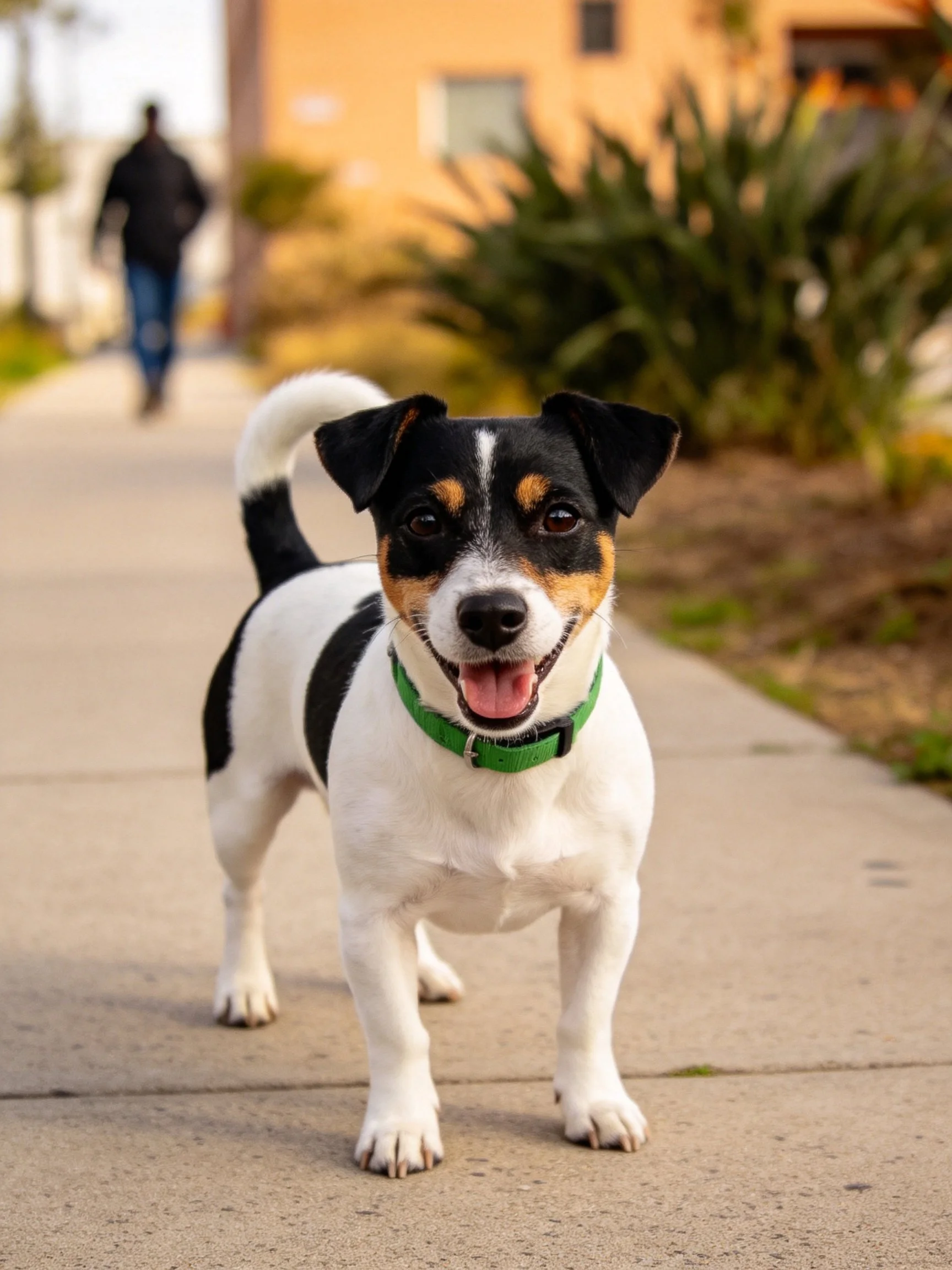 A tricolor dog with a green collar stands on a sidewalk with a pedestrian and buildings nearby.