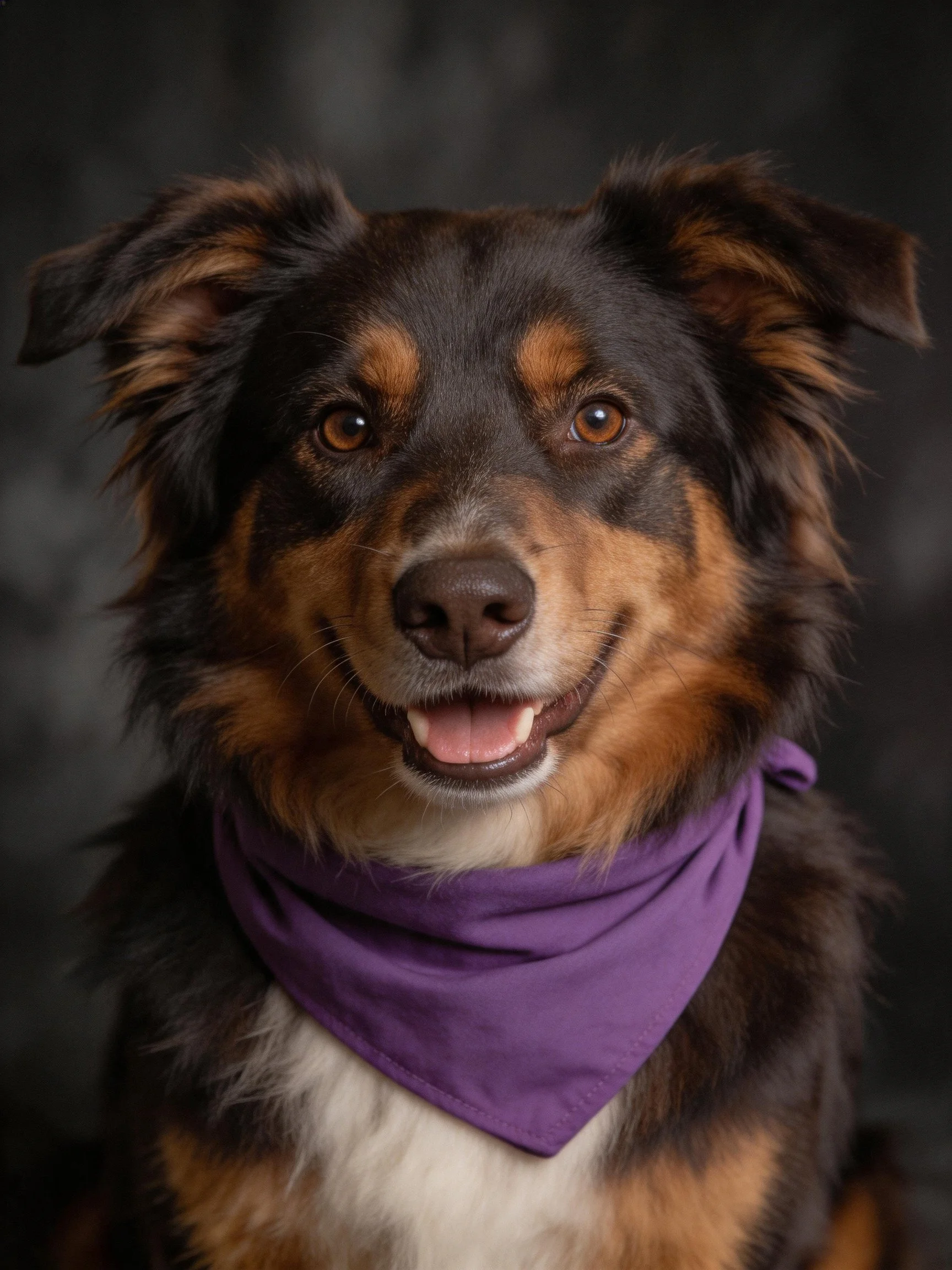 A tricolor dog with a purple bandana, smiling against a dark backdrop