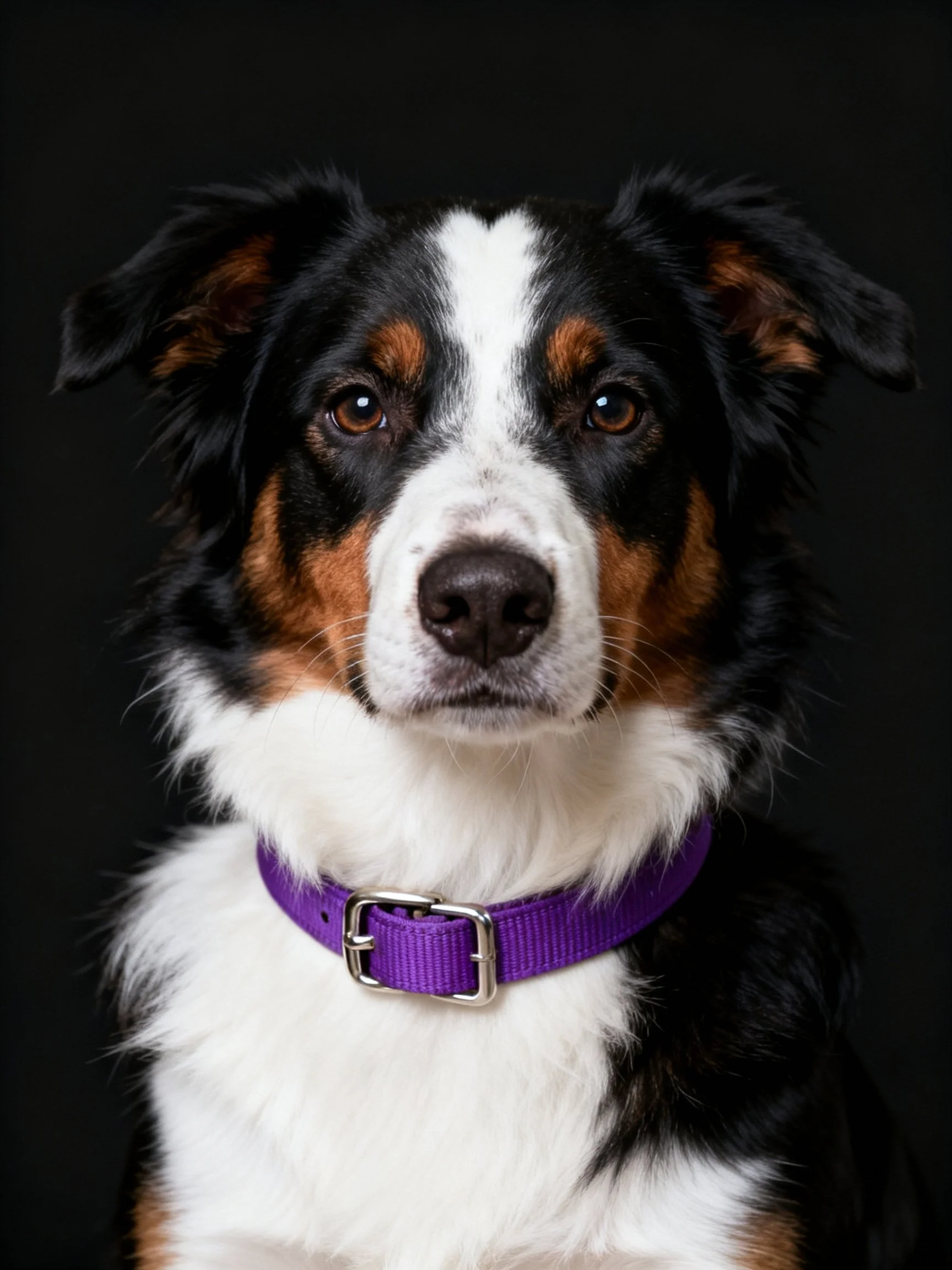 A tricolor dog with a purple collar posed against a black backdrop