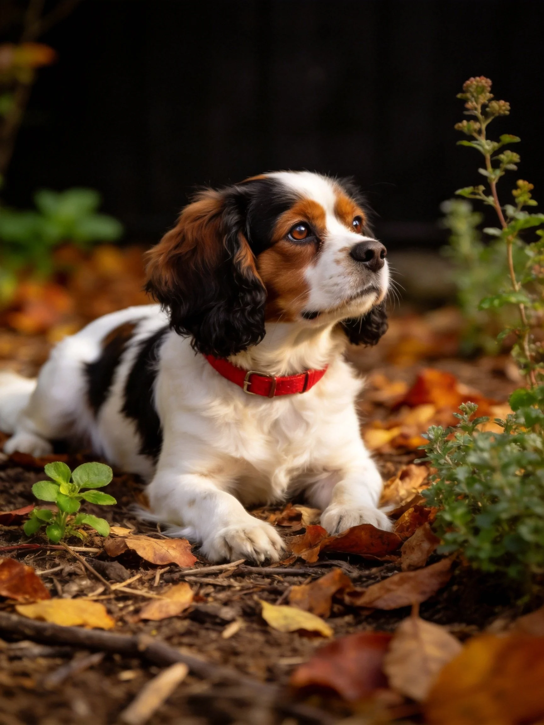 A tricolor dog with a red collar rests amid autumn leaves and green plants.