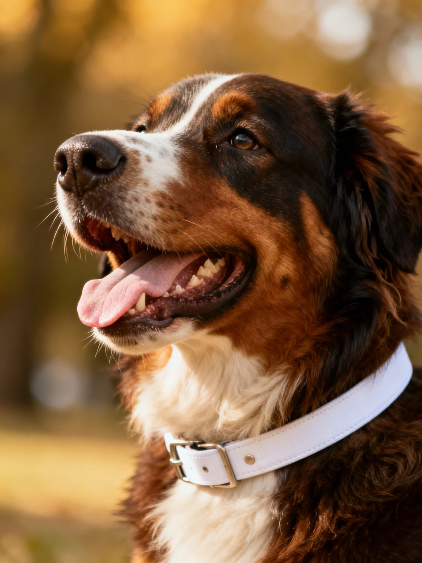 A cheerful tricolor dog wears a white collar outside.