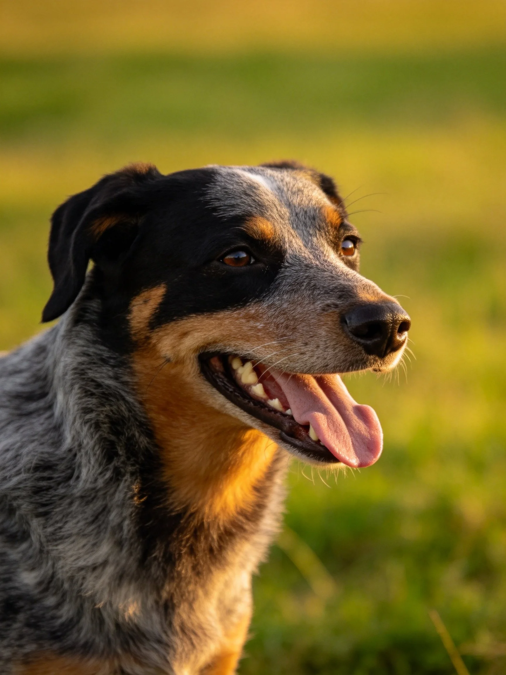 A tricolor dog stands in a sunlit field with a blurred green-yellow backdrop.