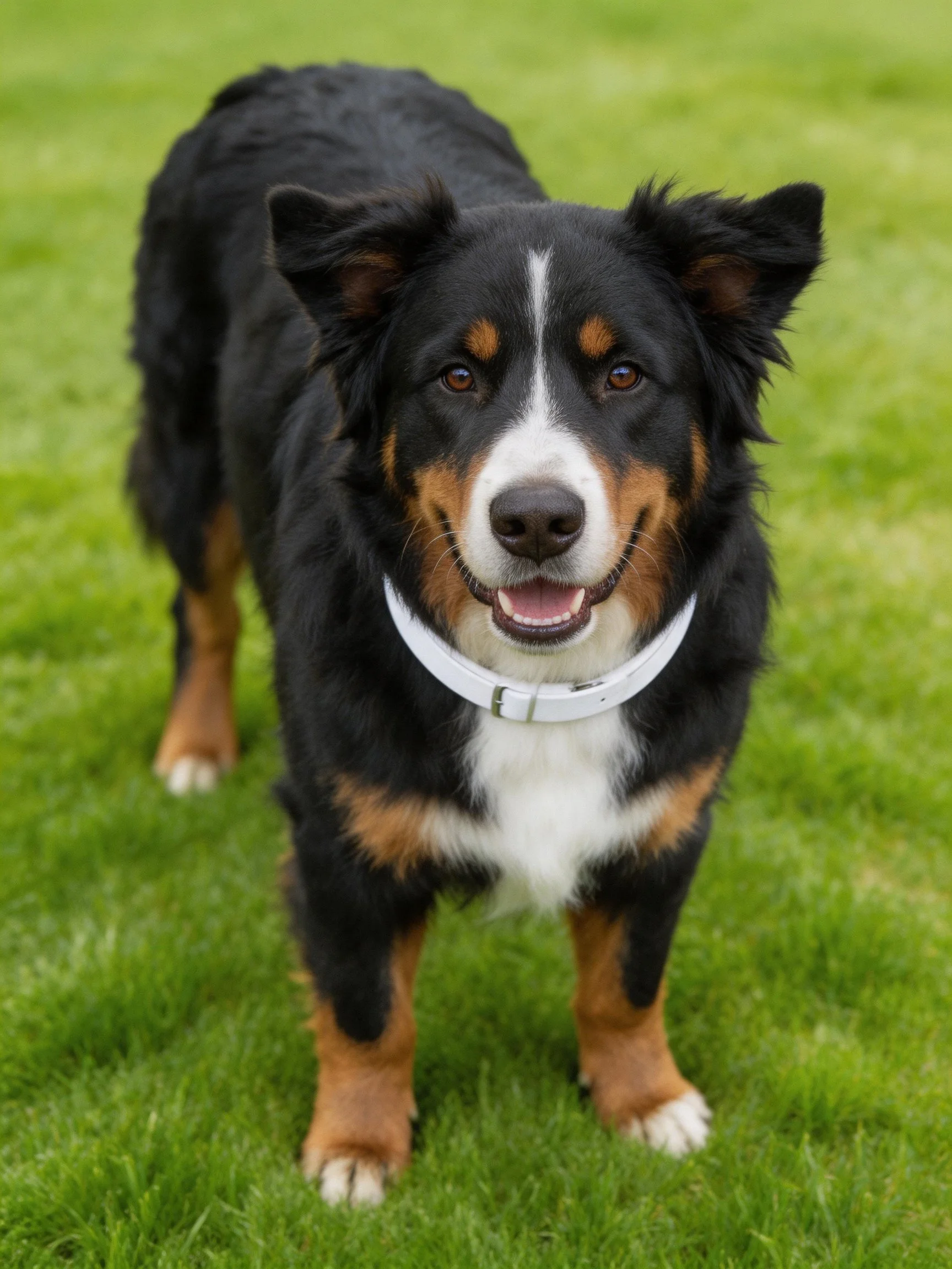 A tricolor dog stands happily on vibrant green grass.