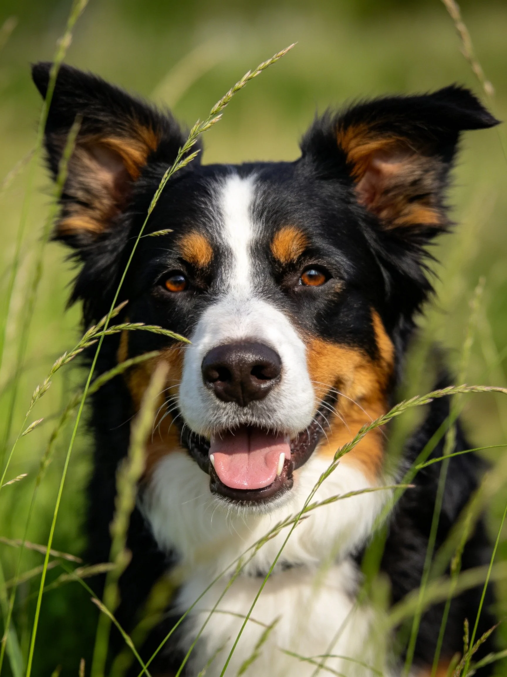 Atricolor dog is surrounded by tall grass, appearing cheerful.