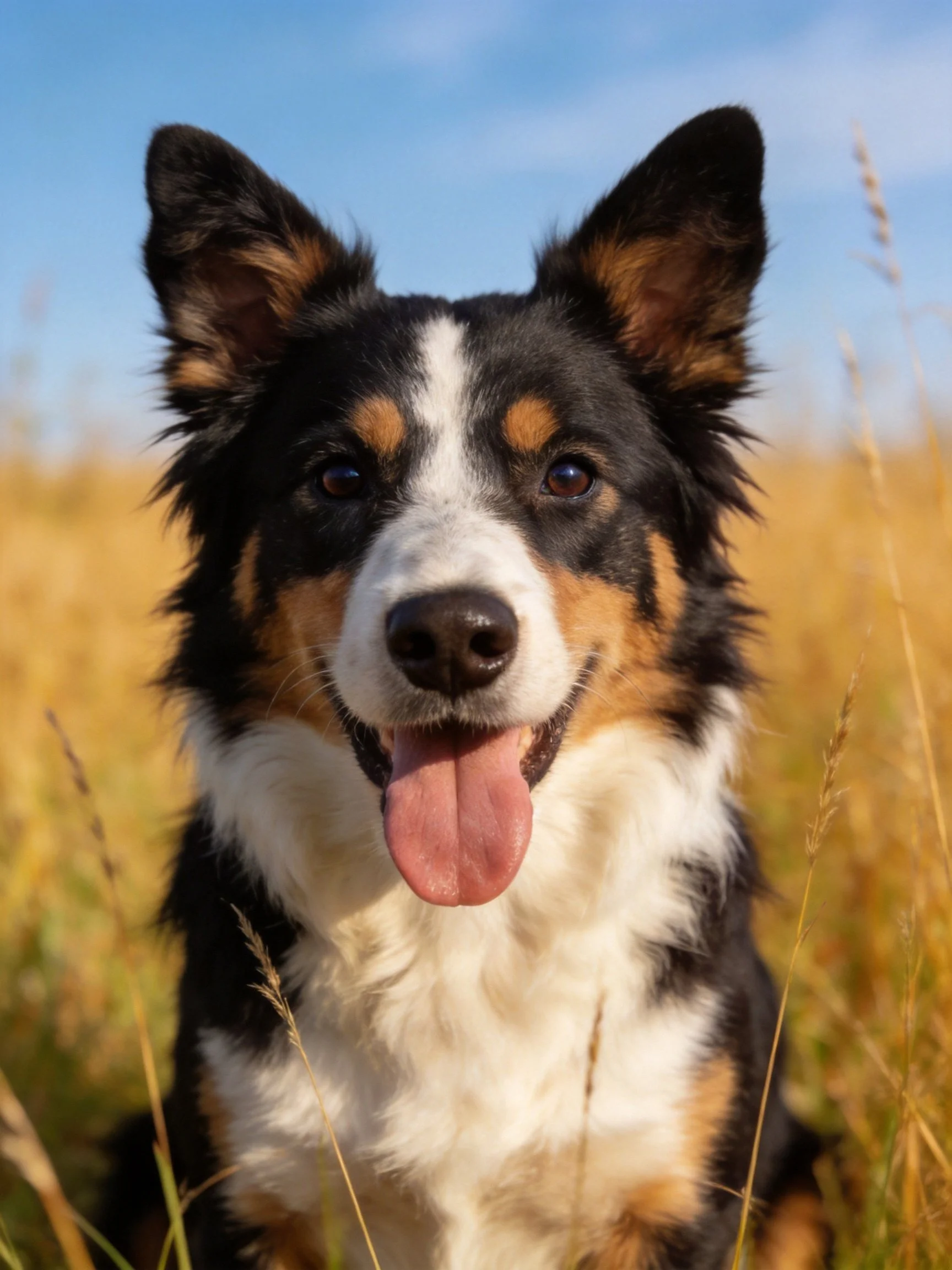 A tricolor dog relaxes among golden grass outdoors.