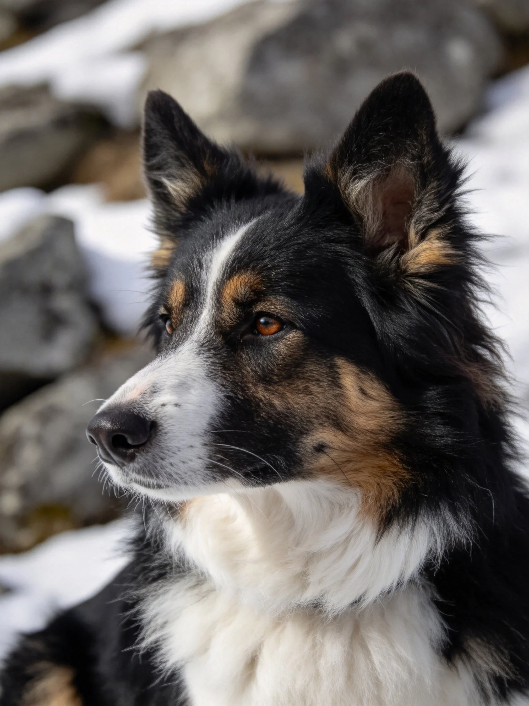 A tricolor dog with black, white, and tan fur sits by rocky, snow-laden stones.