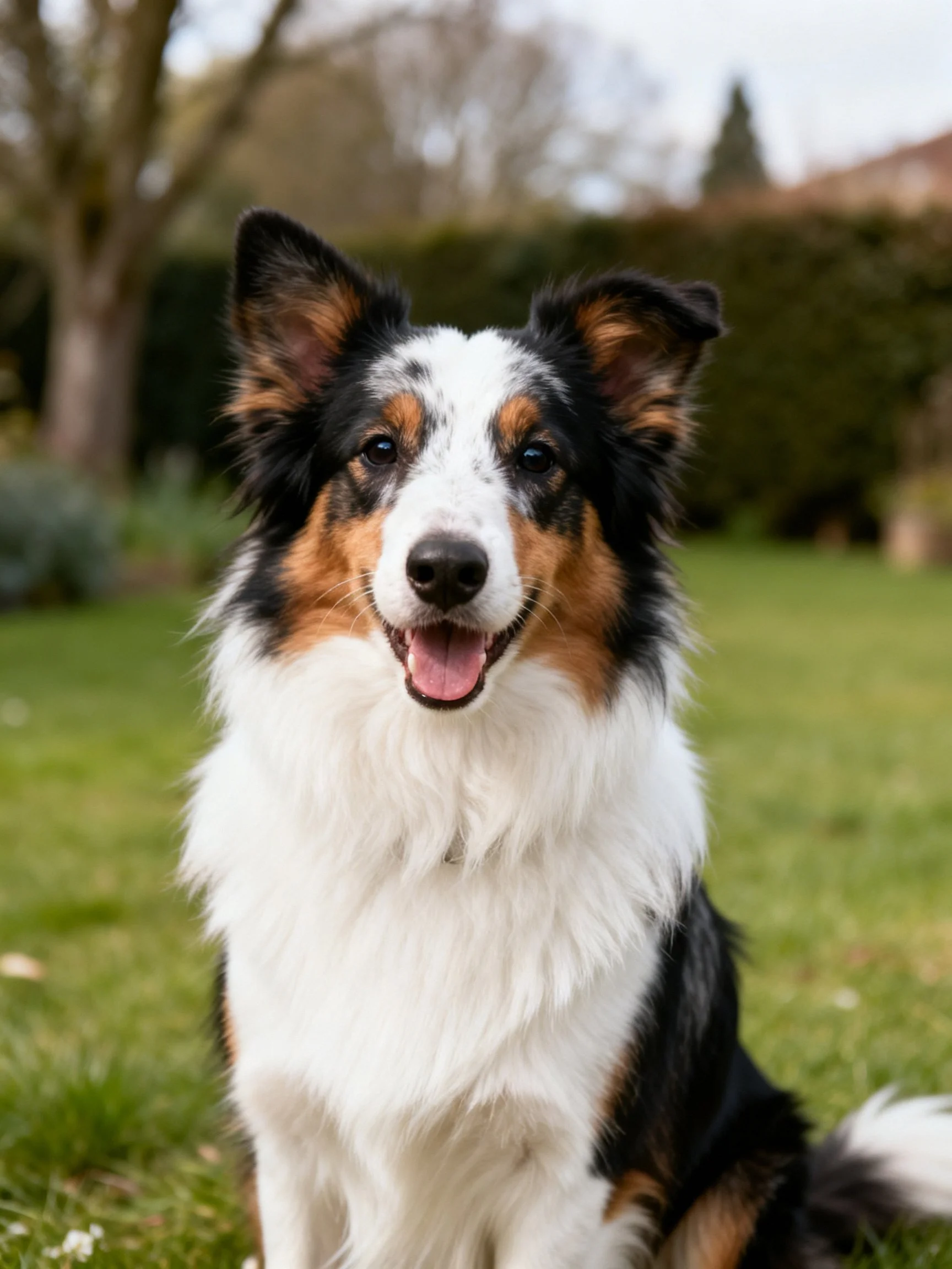A tricolor dog sits contentedly in a garden setting.