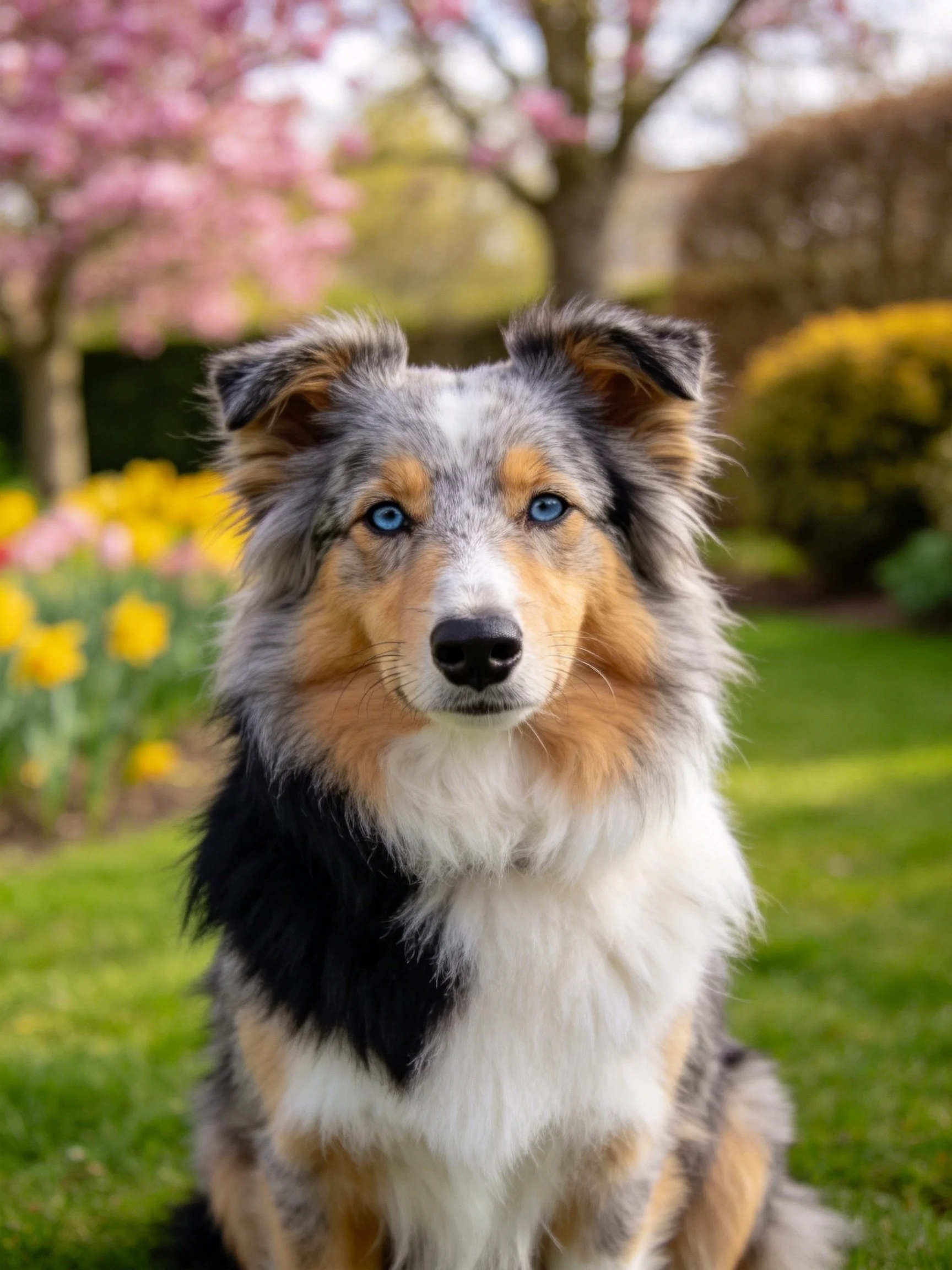 A tricolor dog with blue eyes sits in a blooming garden