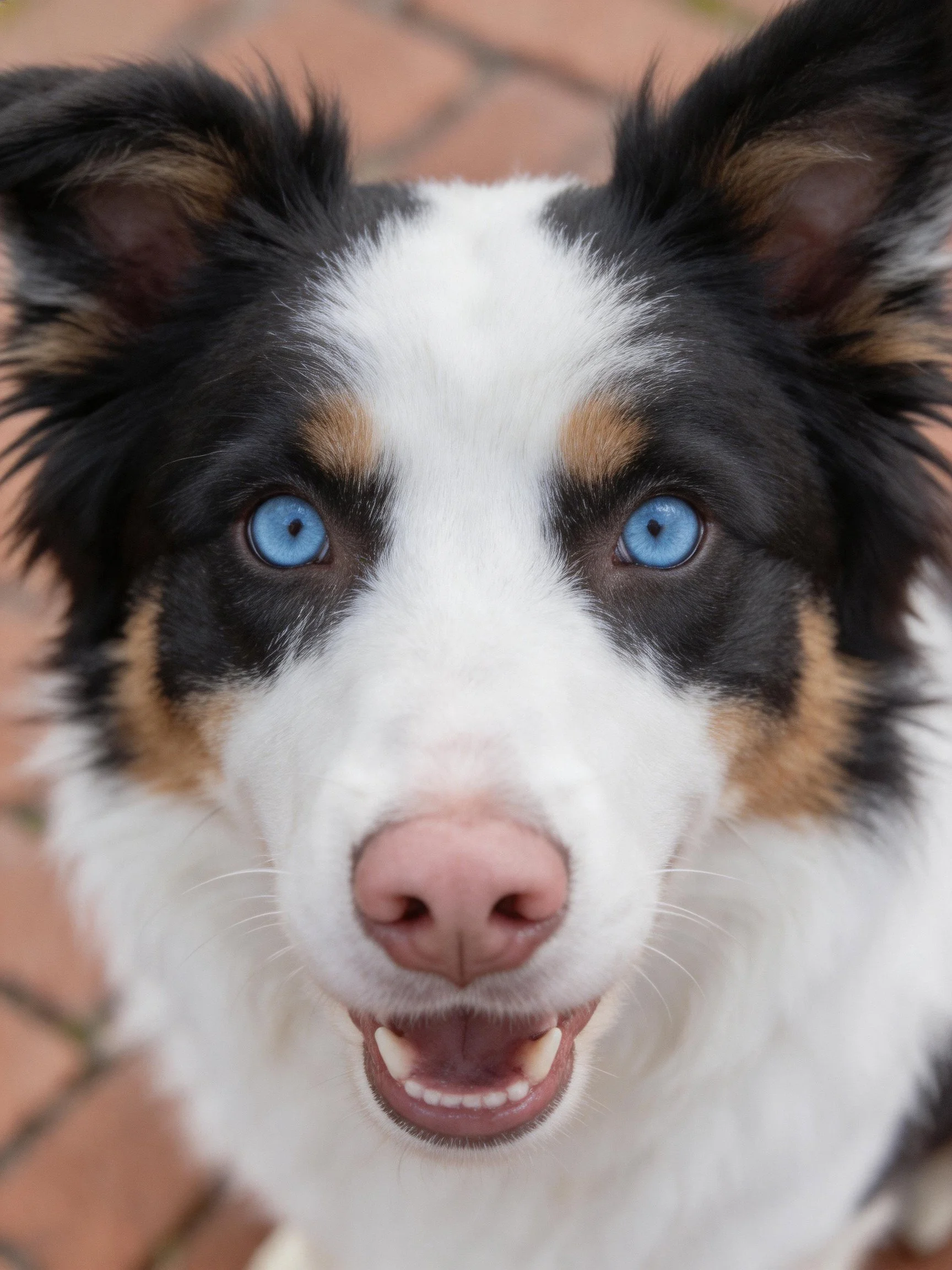 A tricolor dog gazes upward with striking blue eyes.