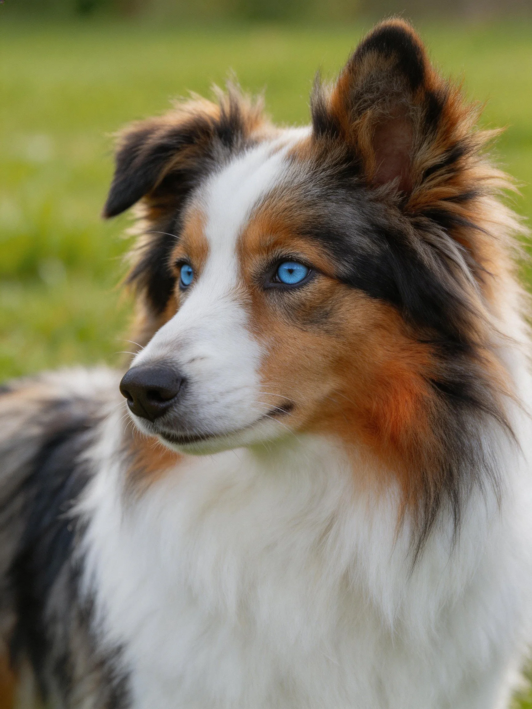 A tricolor dog with bright blue eyes stands on green grass.