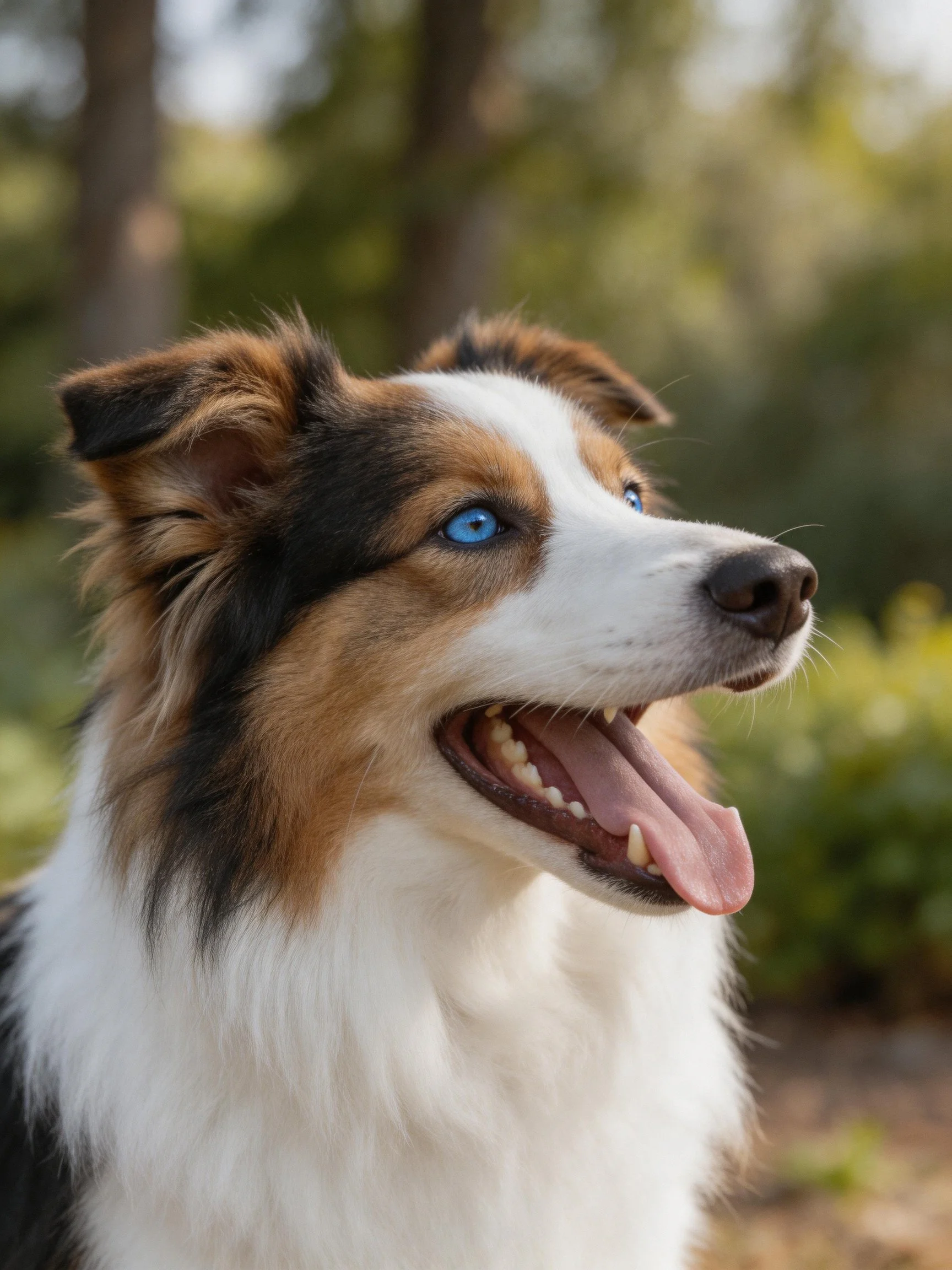 A tricolor dog with bright blue eyes pants happily in a natural outdoor setting.