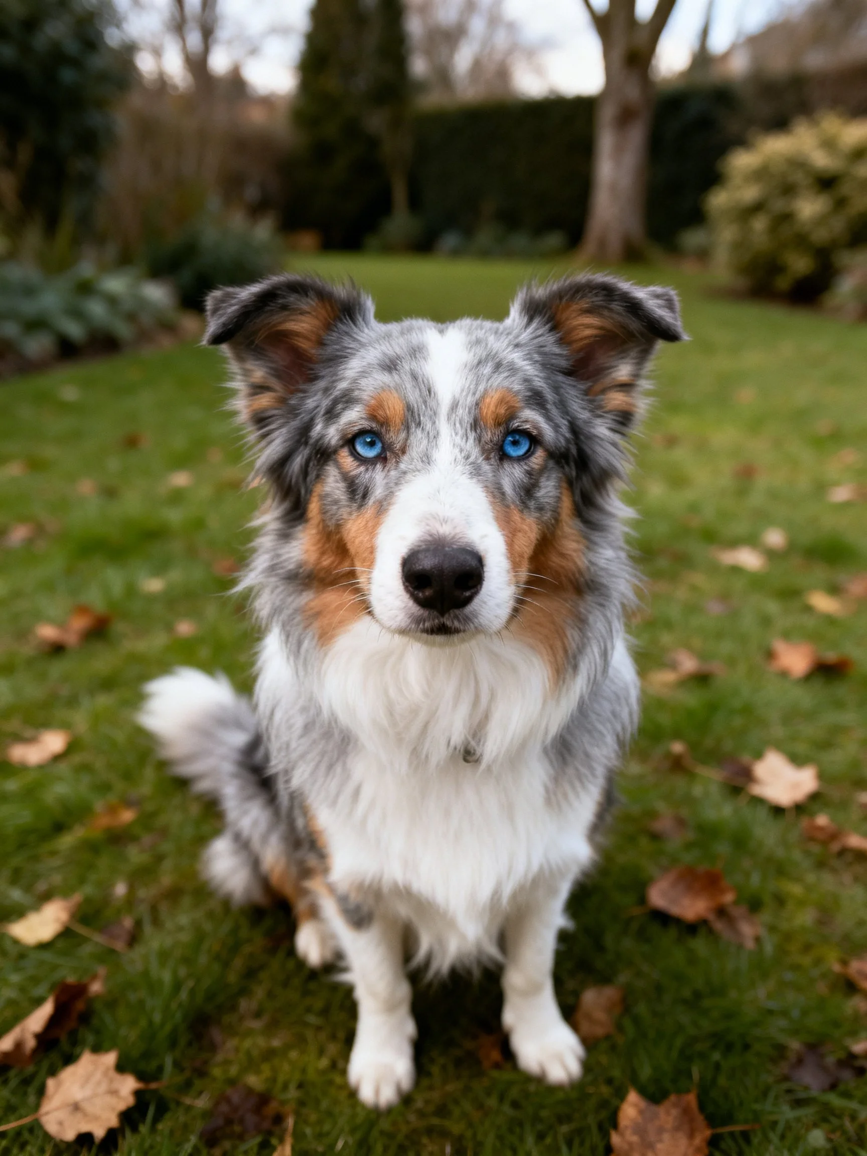 A tricolor dog with blue eyes sits attentively on green grass in a garden setting.