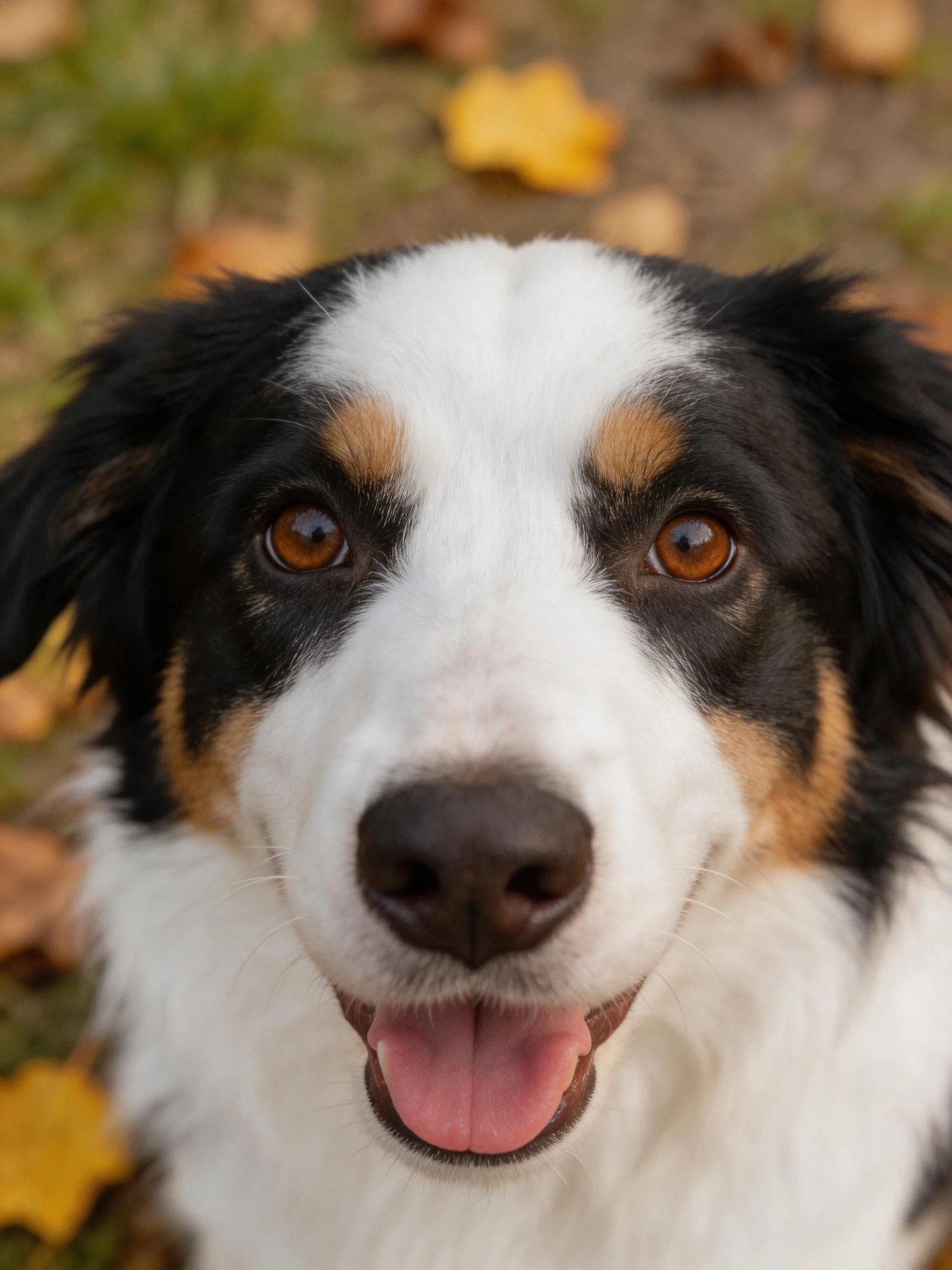 A tricolor dog with brown eyes is surrounded by autumn leaves.