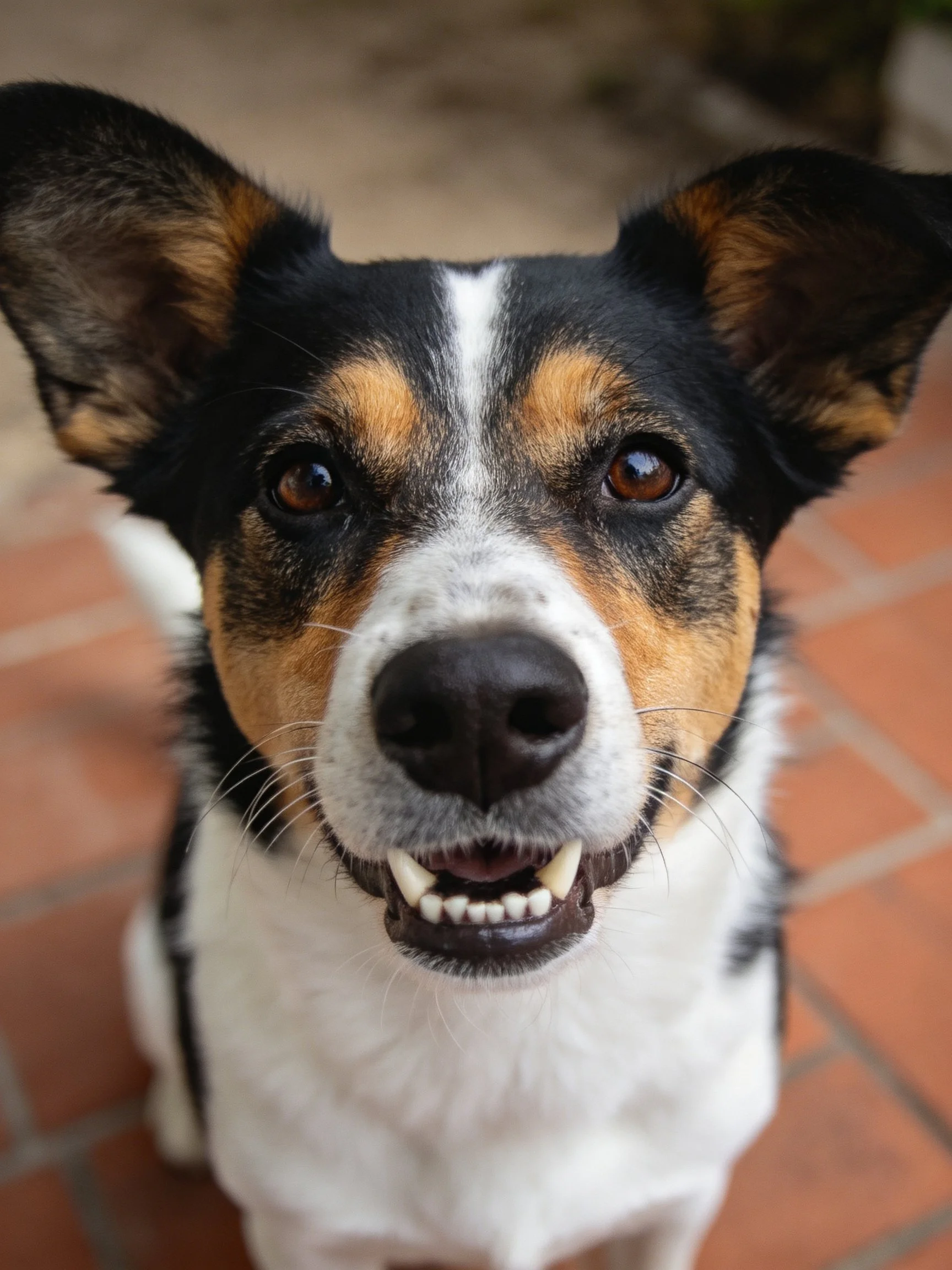 A tricolor dog with large ears sits on a brick patio