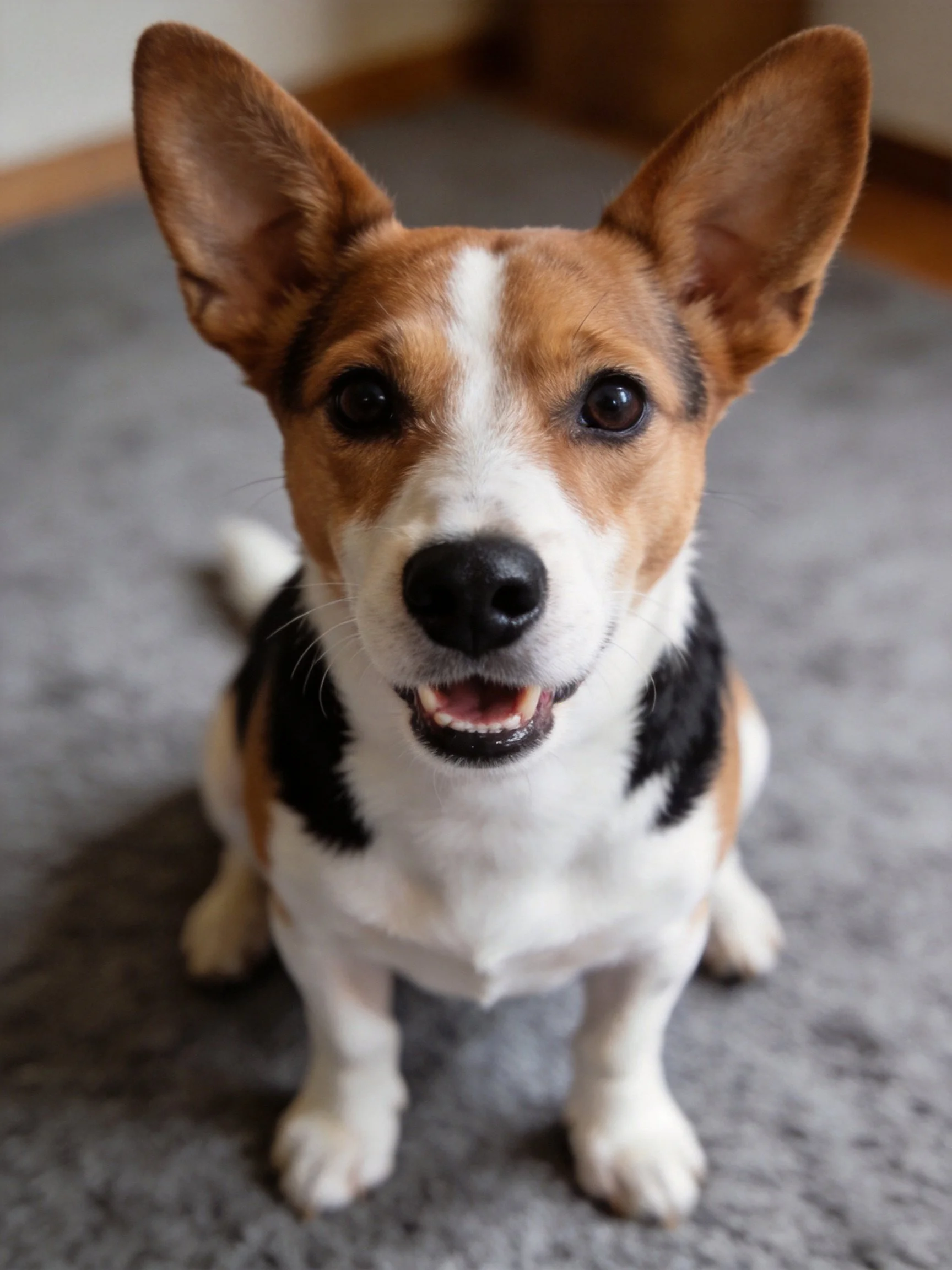 A tricolor dog with large ears sits on a gray carpet indoors
