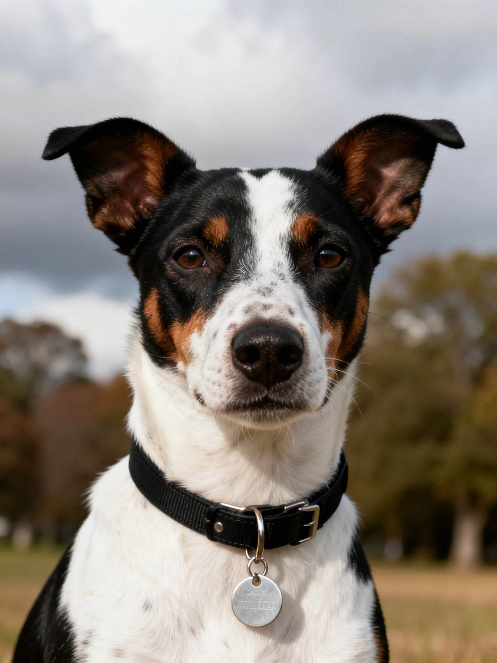 A tricolor dog with a black collar is photographed outdoors near trees and clouds.