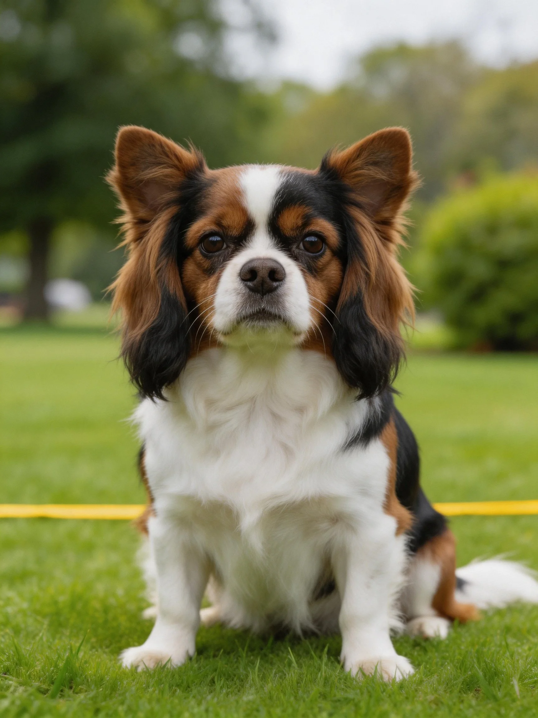 A tricolor dog with long ears sits on green grass