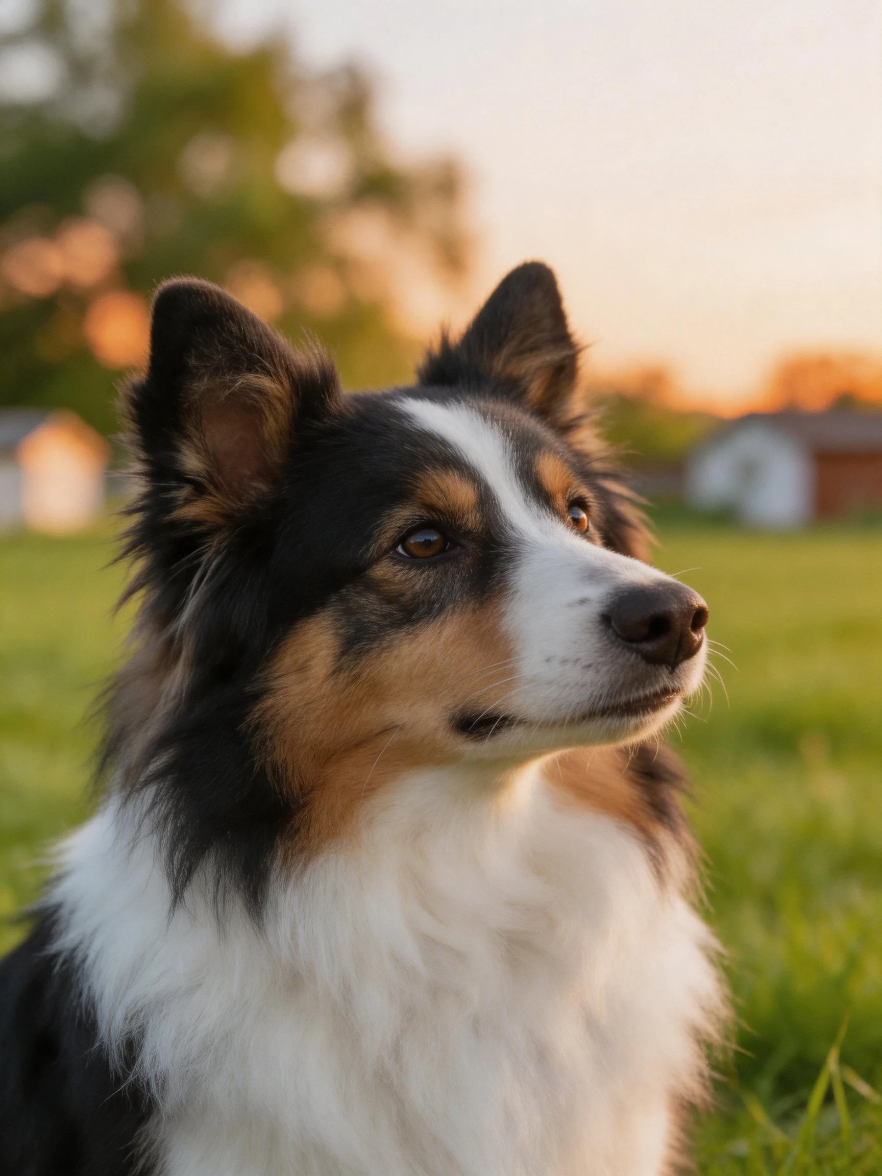 A tricolor dog gazes thoughtfully in a sunlit outdoor environment.