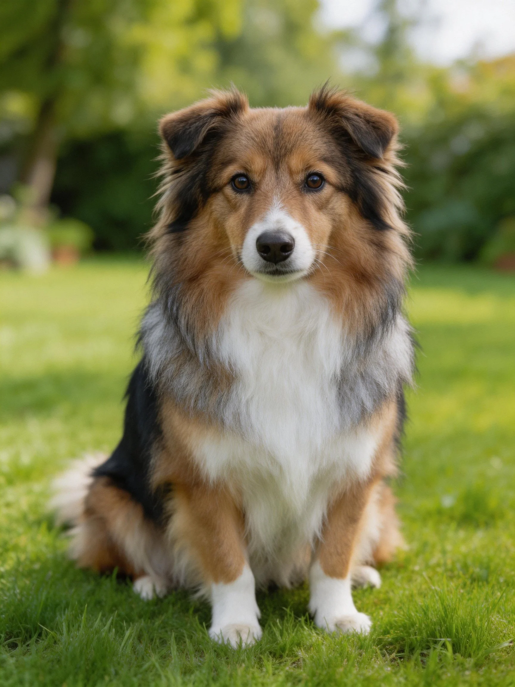 A tricolor dog sits on green grass in a sunny outdoor area