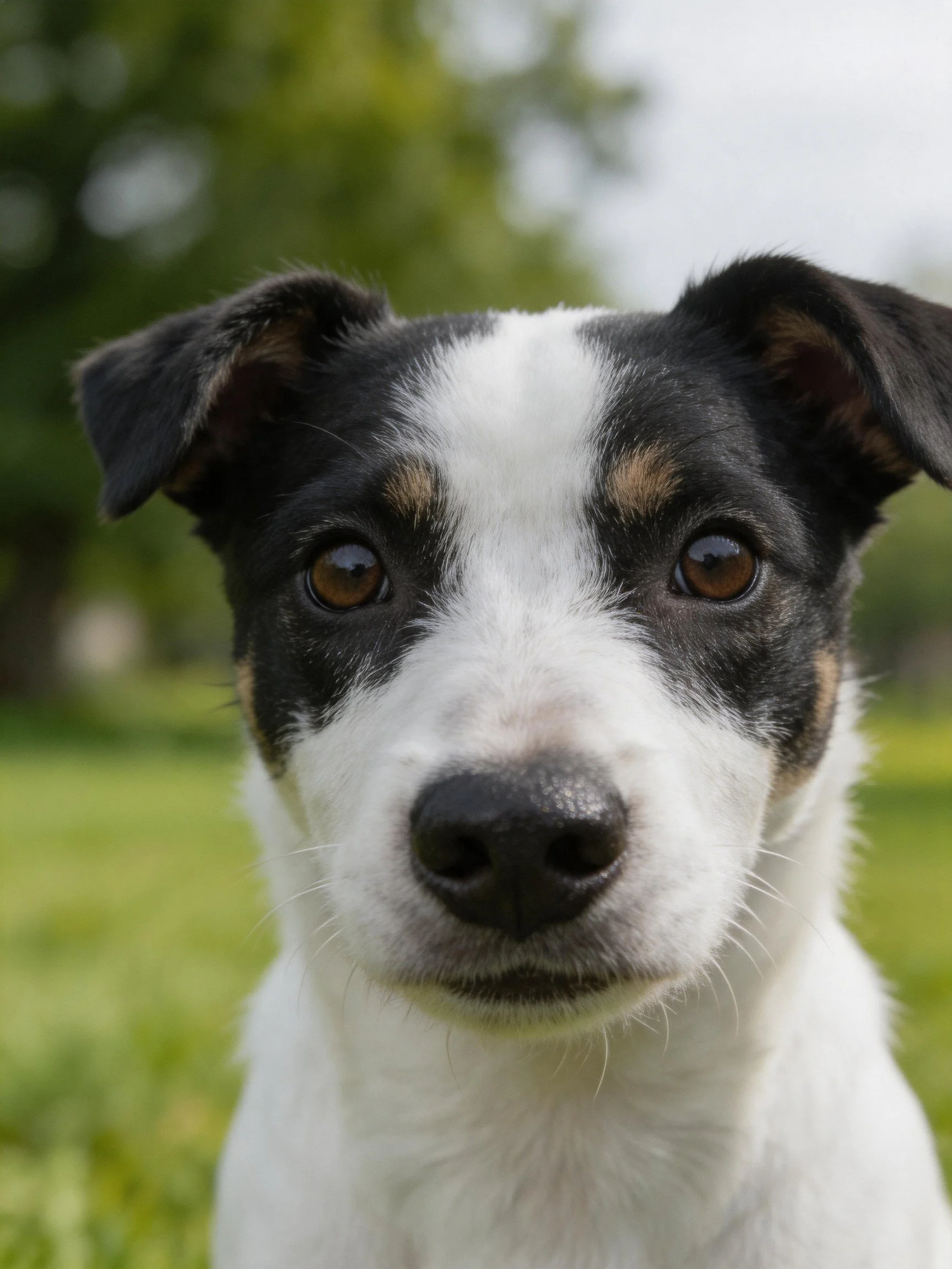 A tricolor dog looks directly at the camera in a blurred outdoor environment.