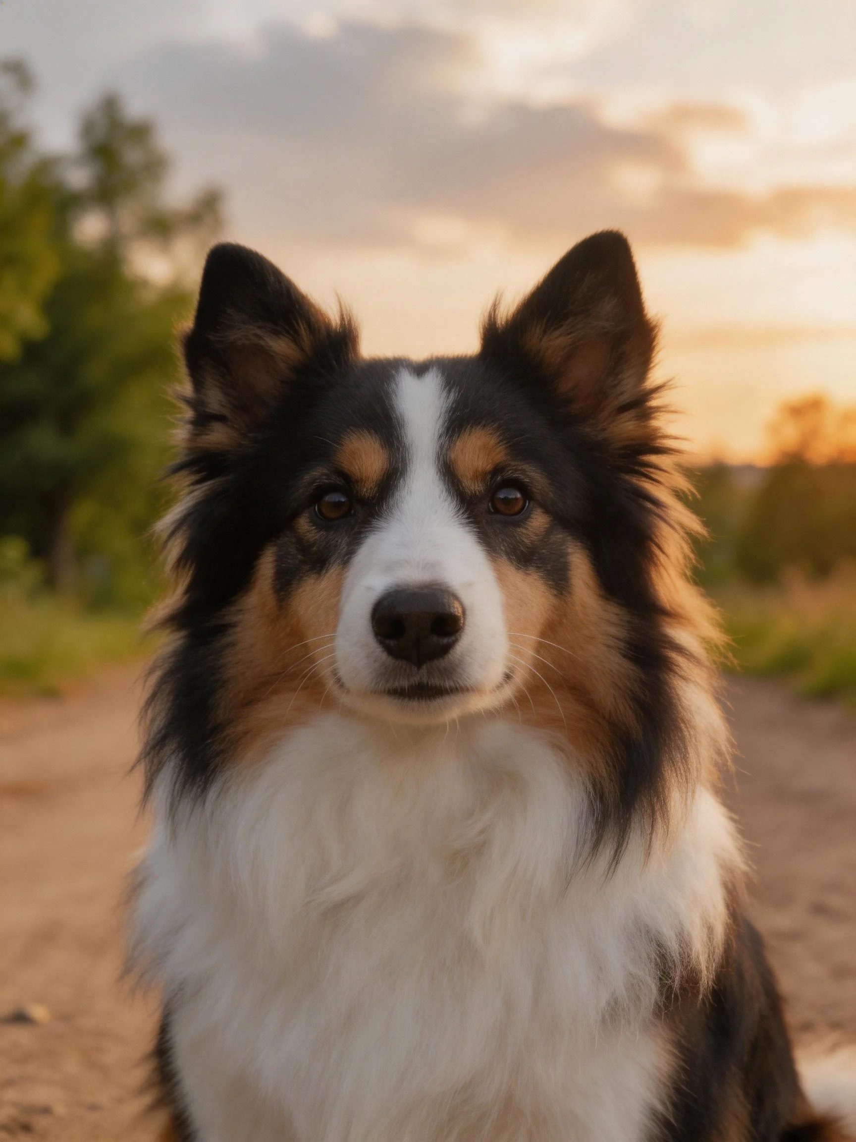 A tricolor dog with pointed ears on a dirt path at sunset