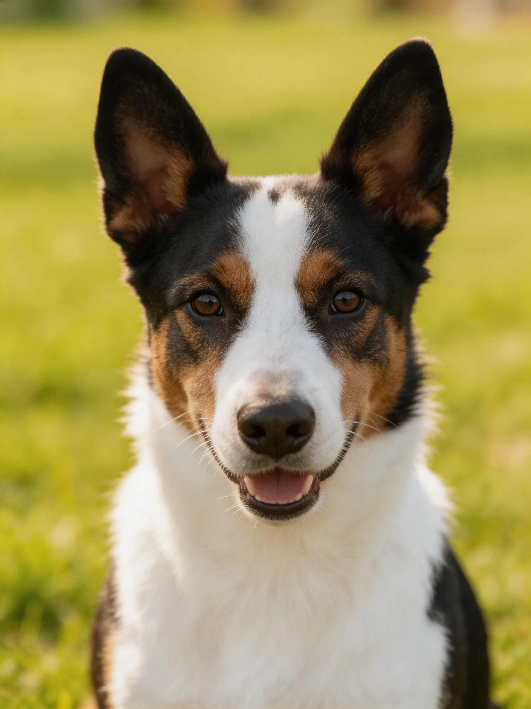 A tricolor dog with upright ears on a green field