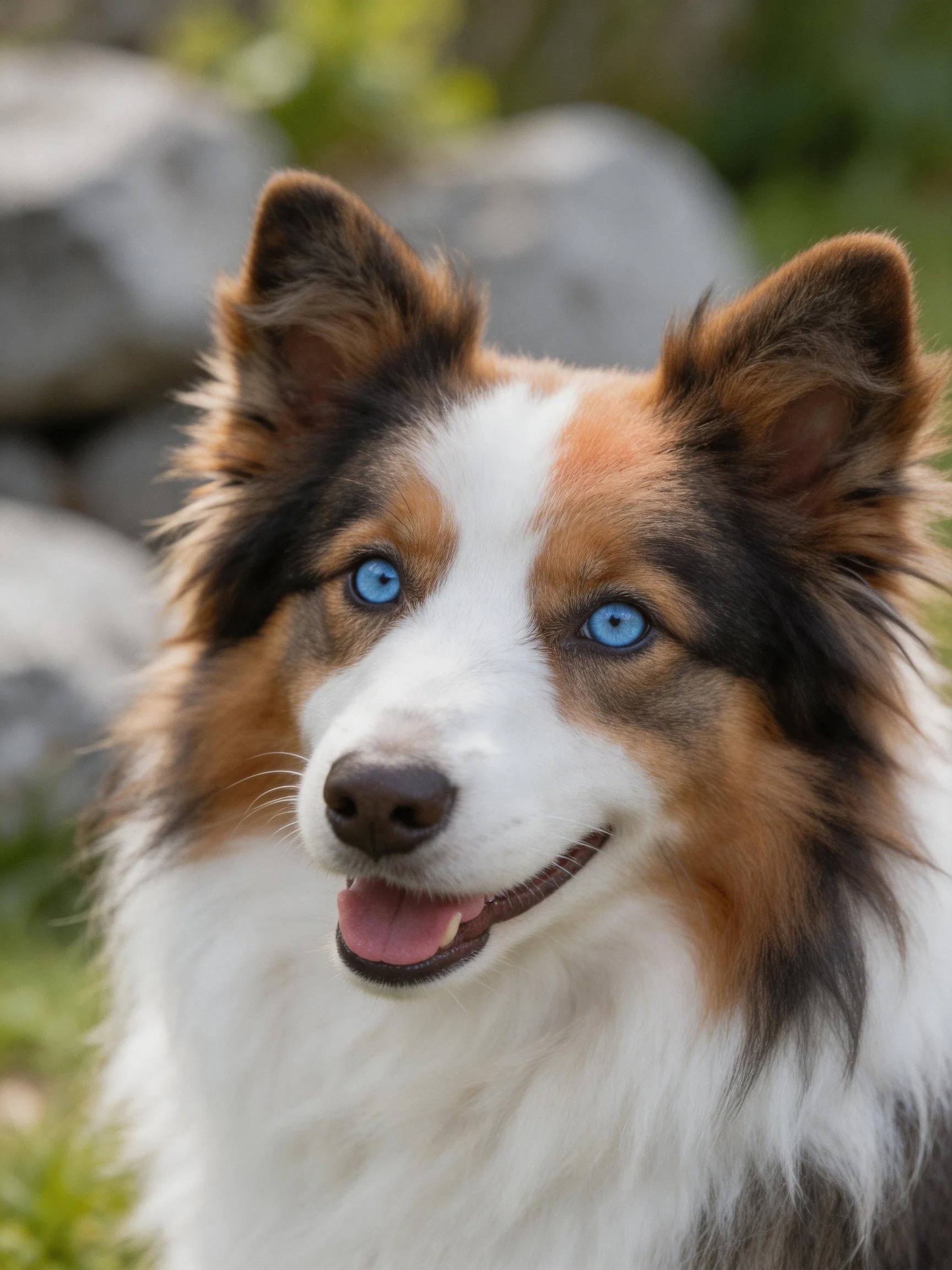 A tricolor dog with blue eyes stands near rocks in a outdoor setting.