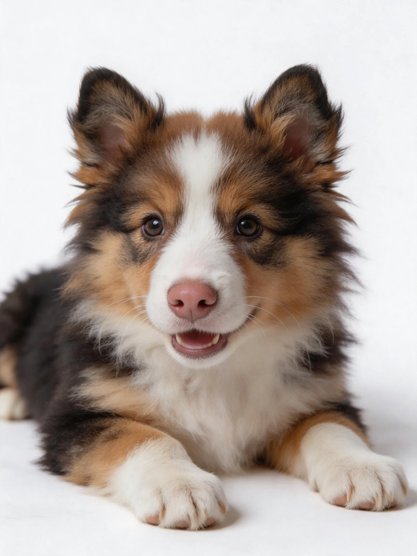 A tricolor fluffy puppy with upright ears and bright eyes