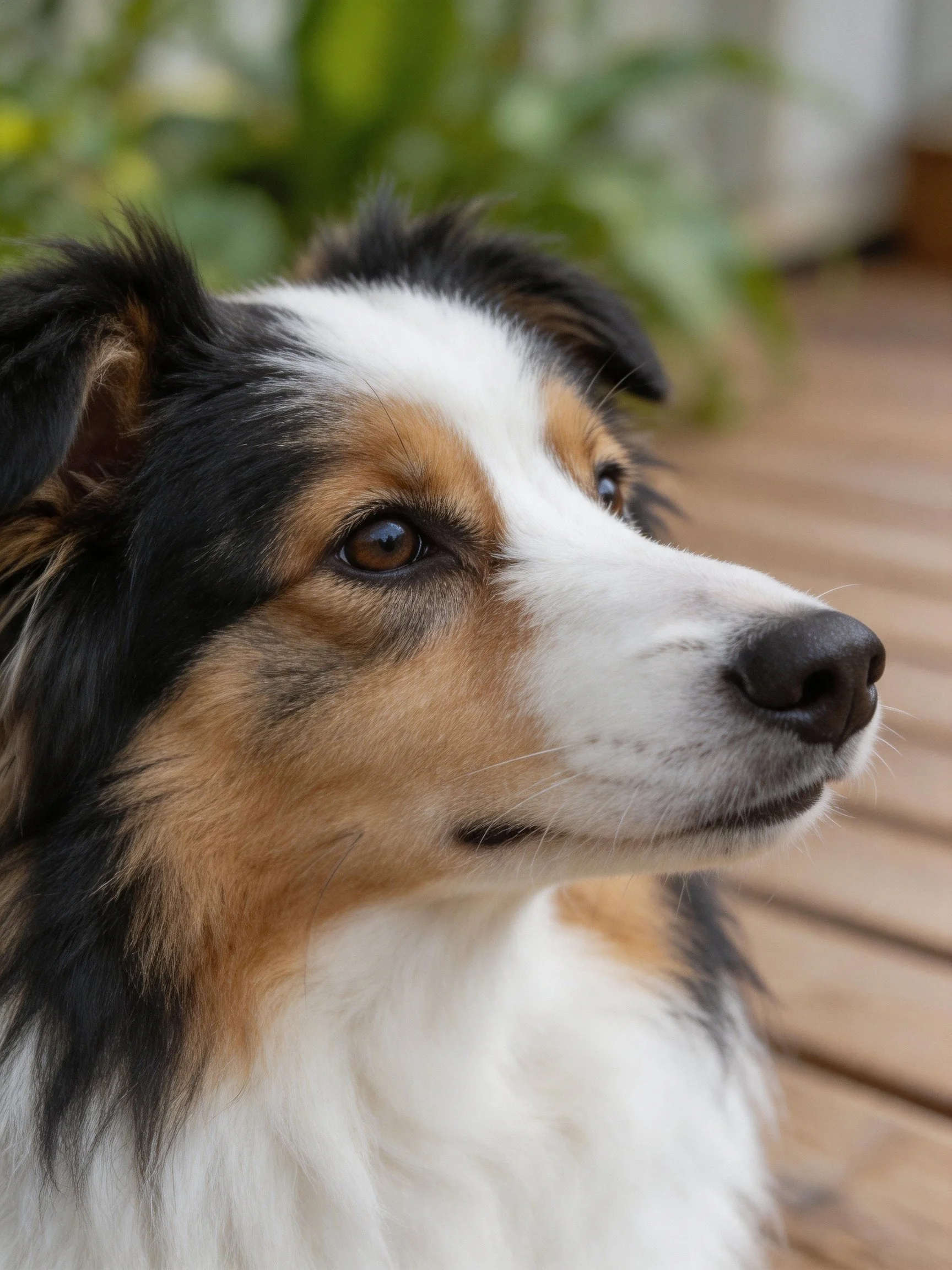 A tricolor dog gazes attentively near a wooden deck with greenery.