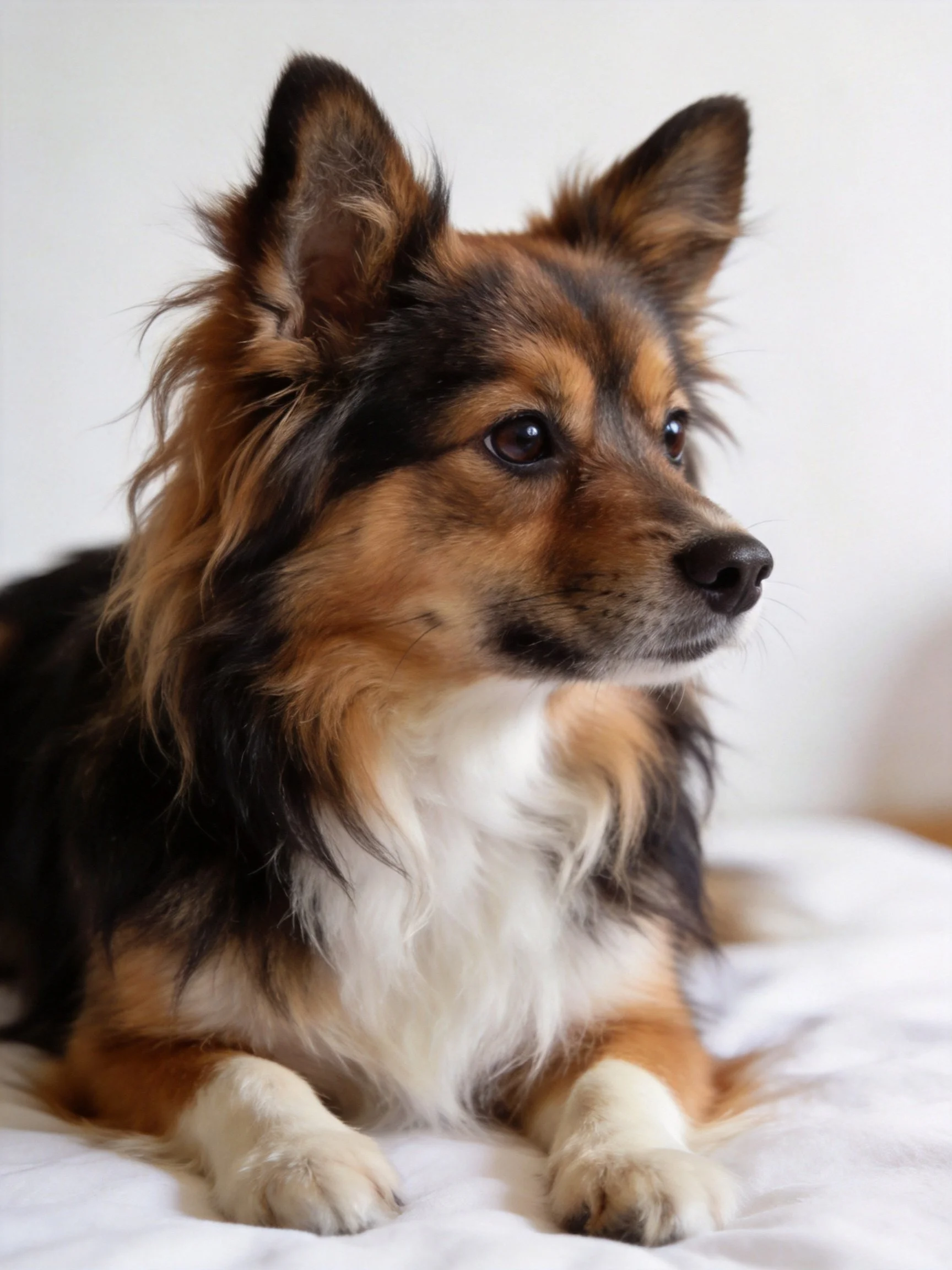 A tricolor long-haired dog resting on a white fabric surface