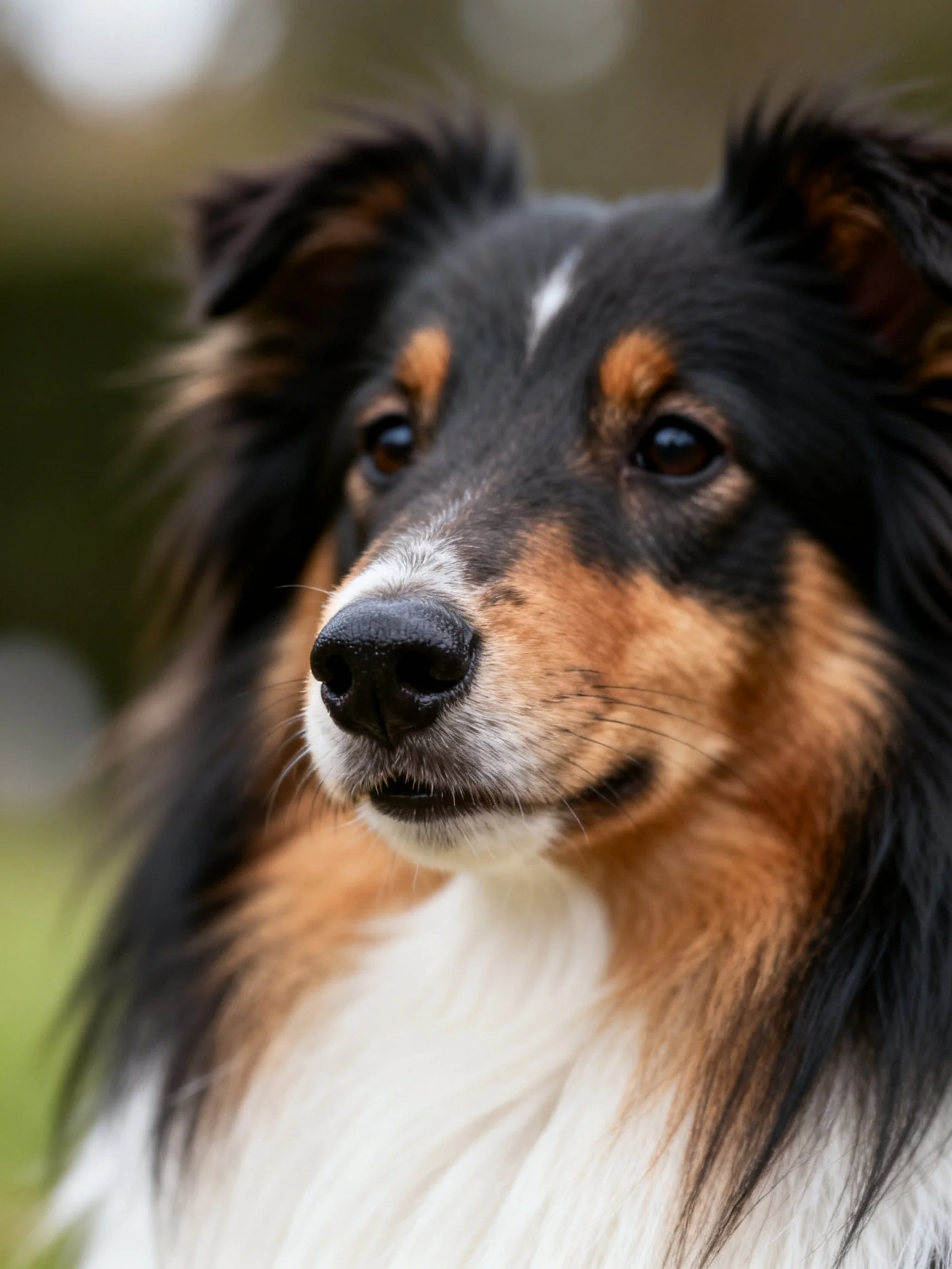 A tricolor long - haired dog with upright ears