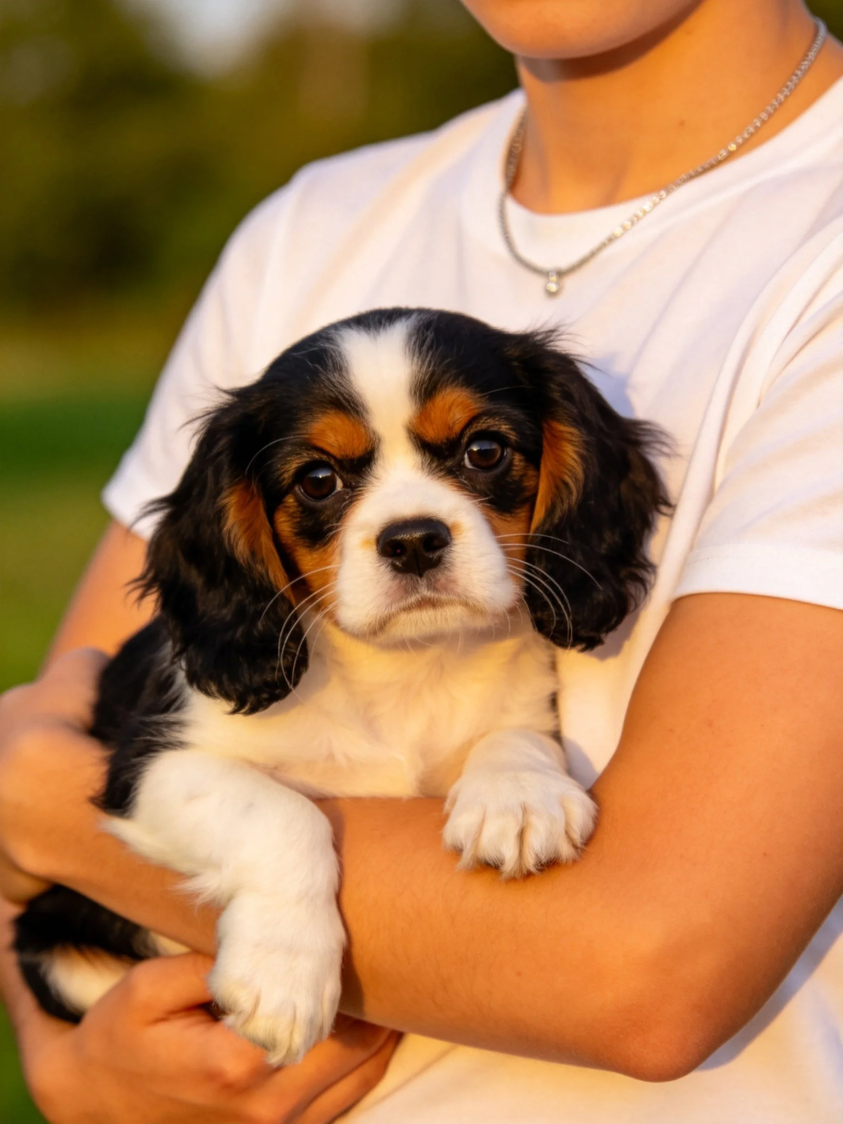 Someone holds a small tricolor puppy outdoors.
