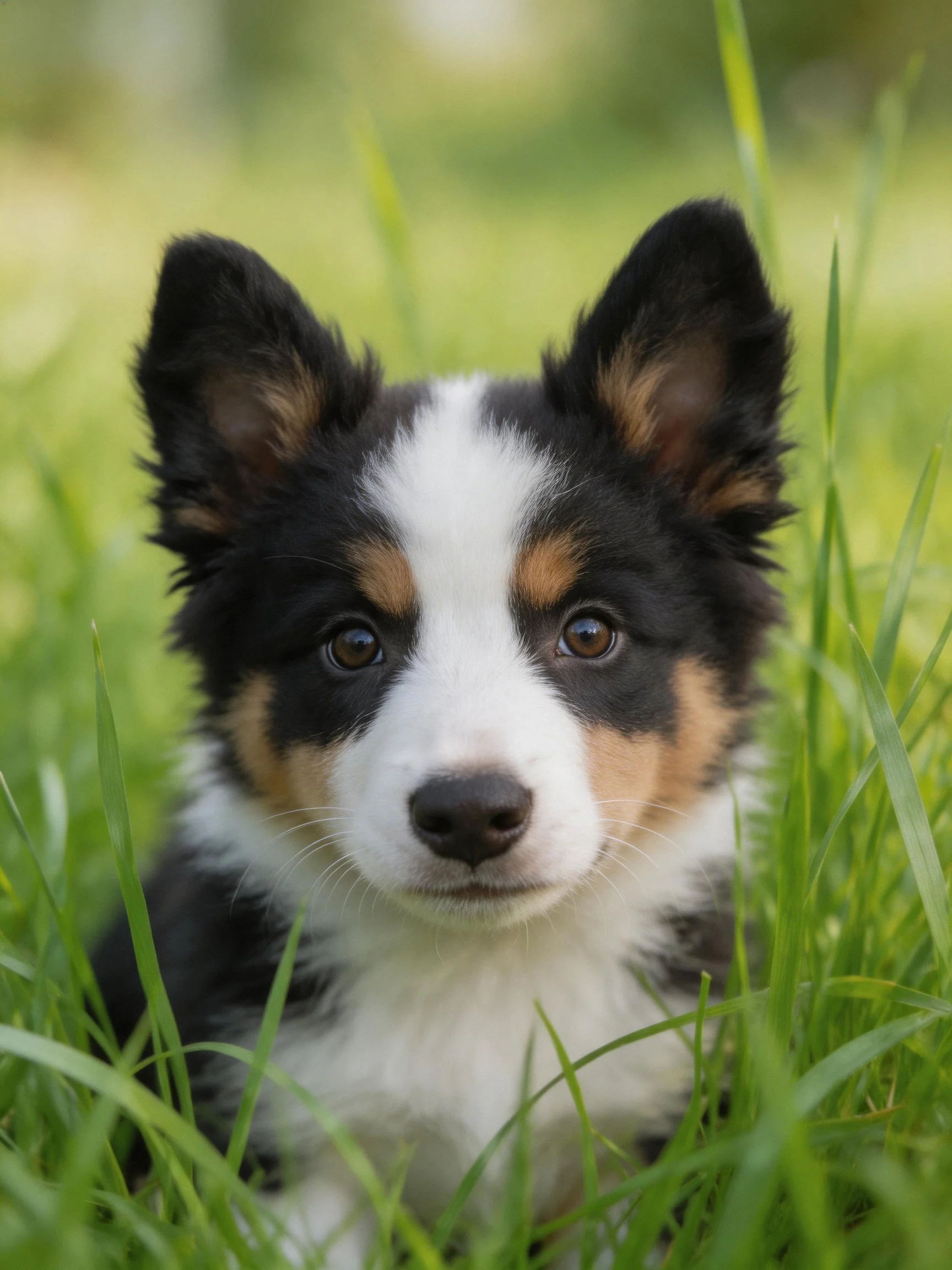 A tricolor puppy sits amid tall green grass in a natural outdoor setting.