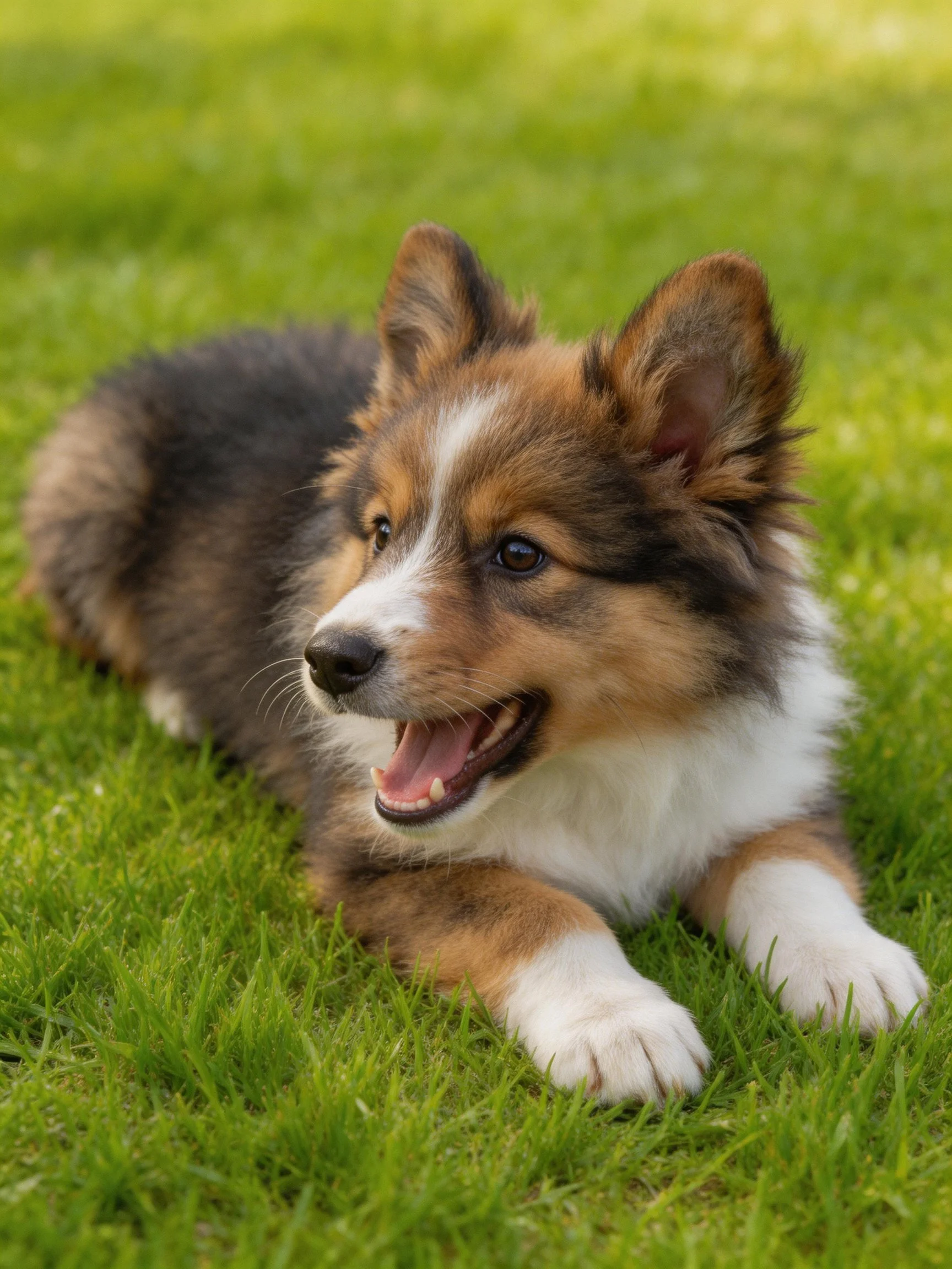 A tricolor puppy relaxes on green grass.