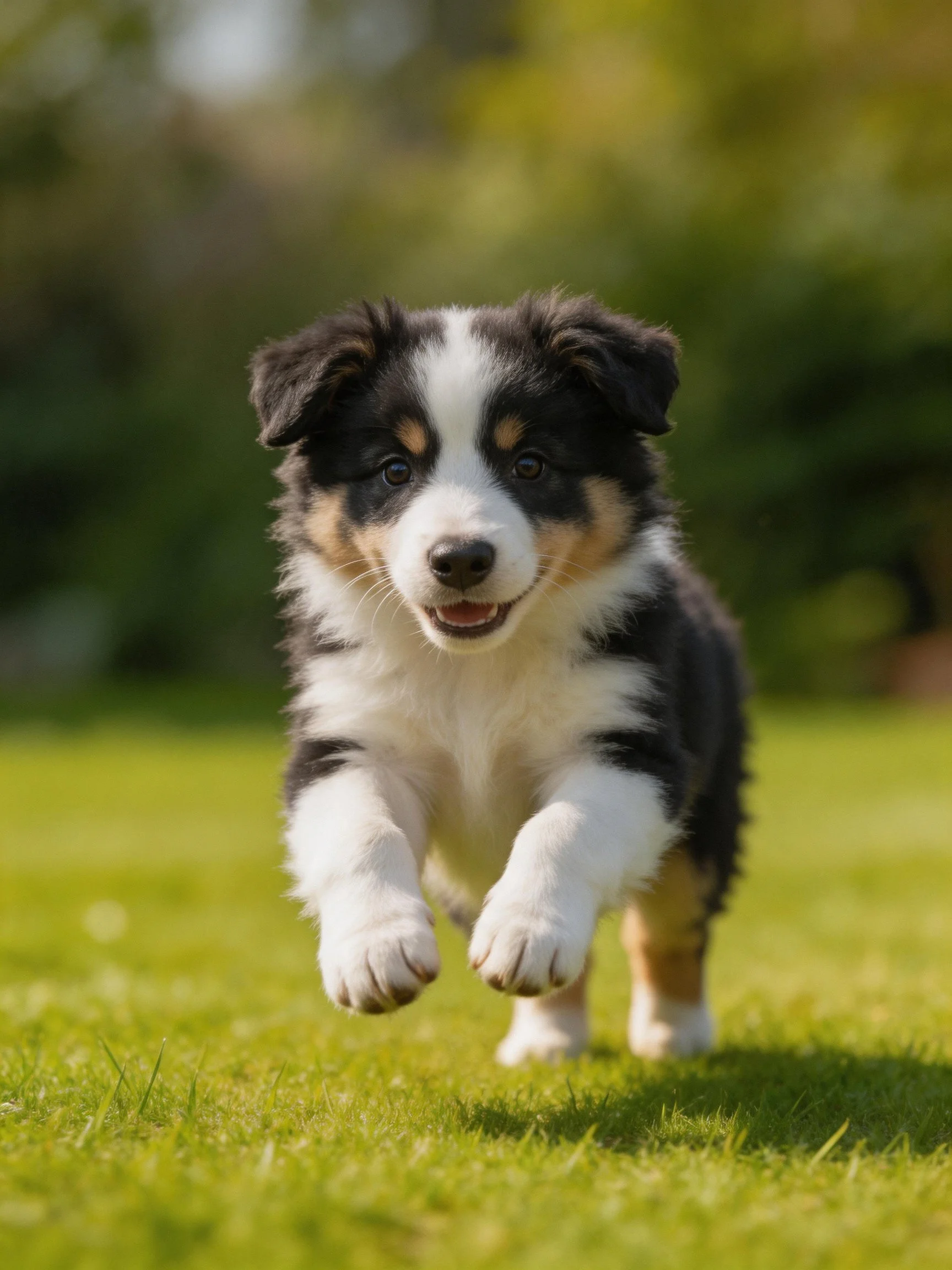 A tricolor puppy runs energetically on lush green grass.
