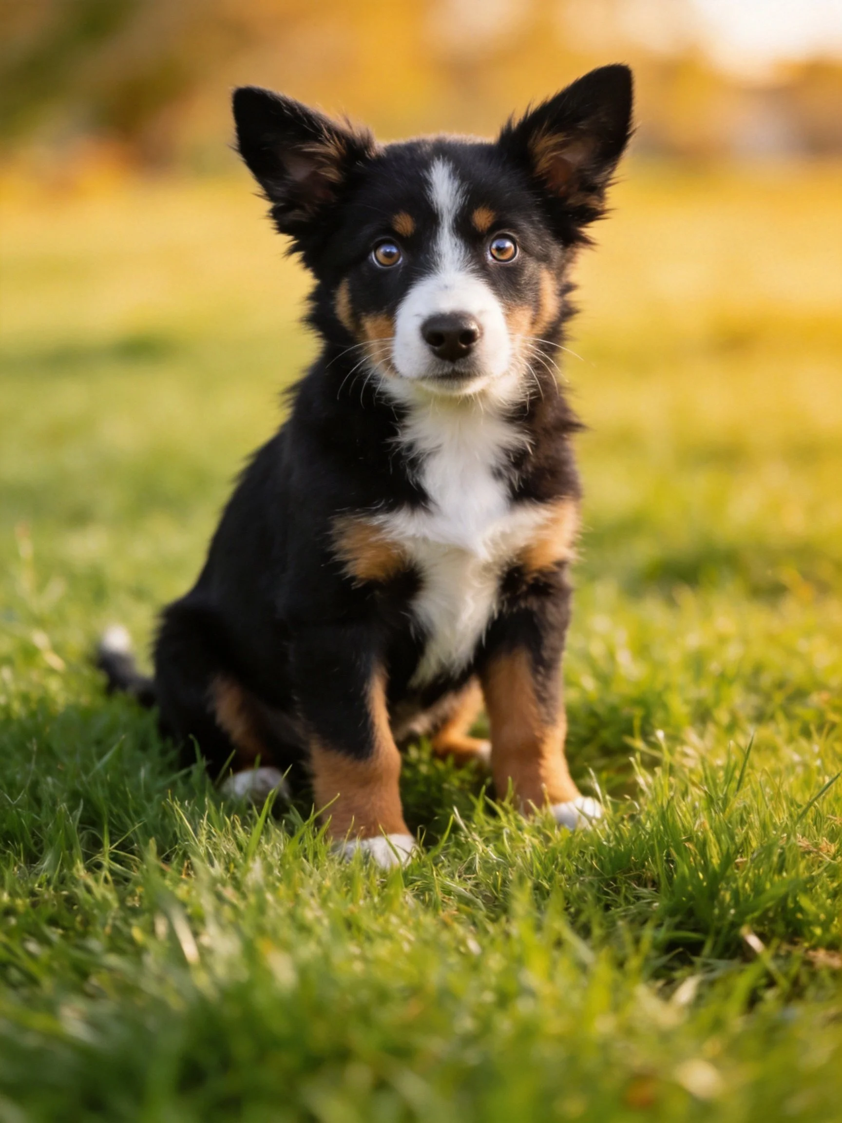 A tricolor puppy sits attentively on green grass in a sunlit area.