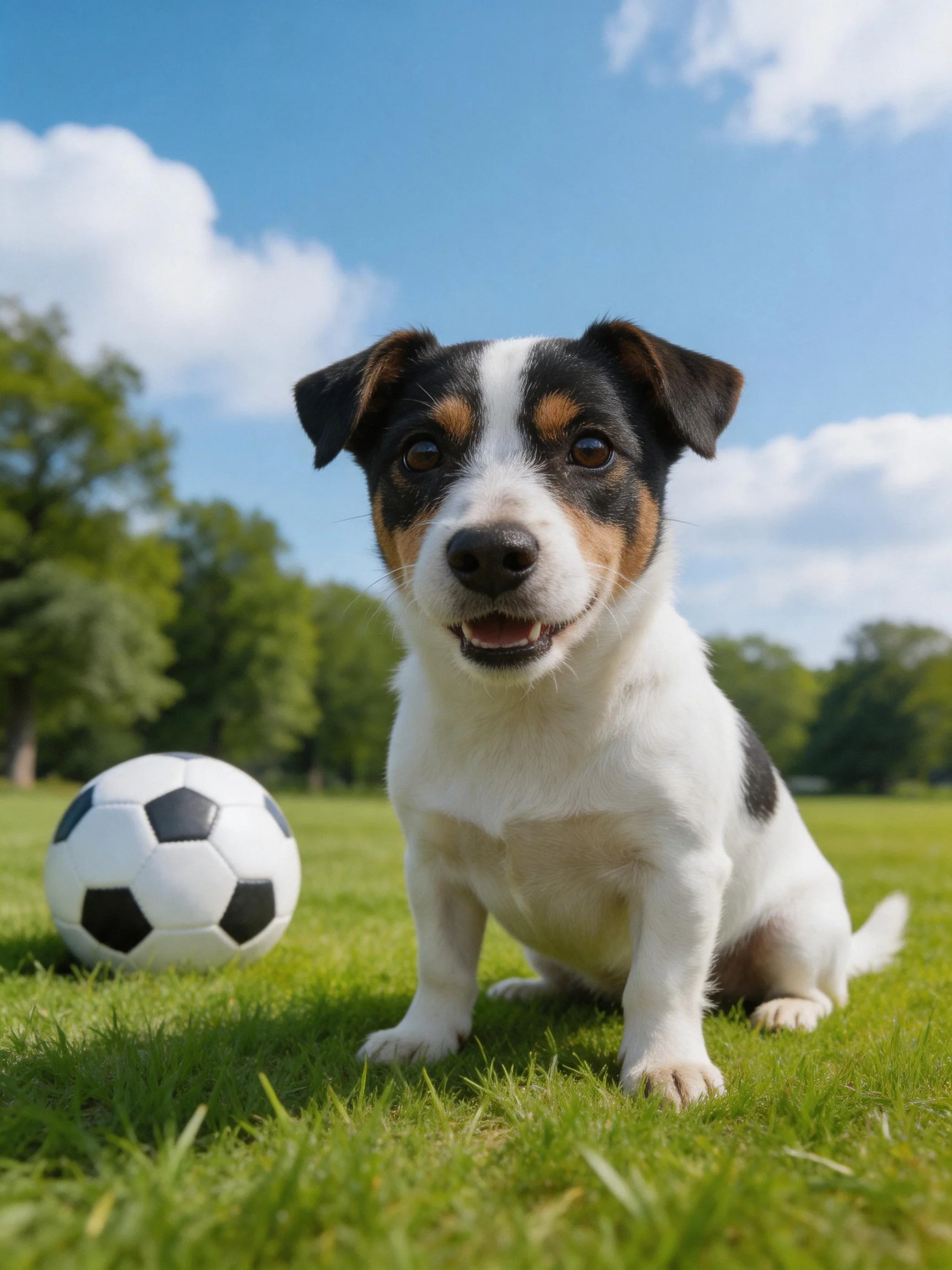 A tricolor puppy sits next to a soccer ball on a sunny grassy field.