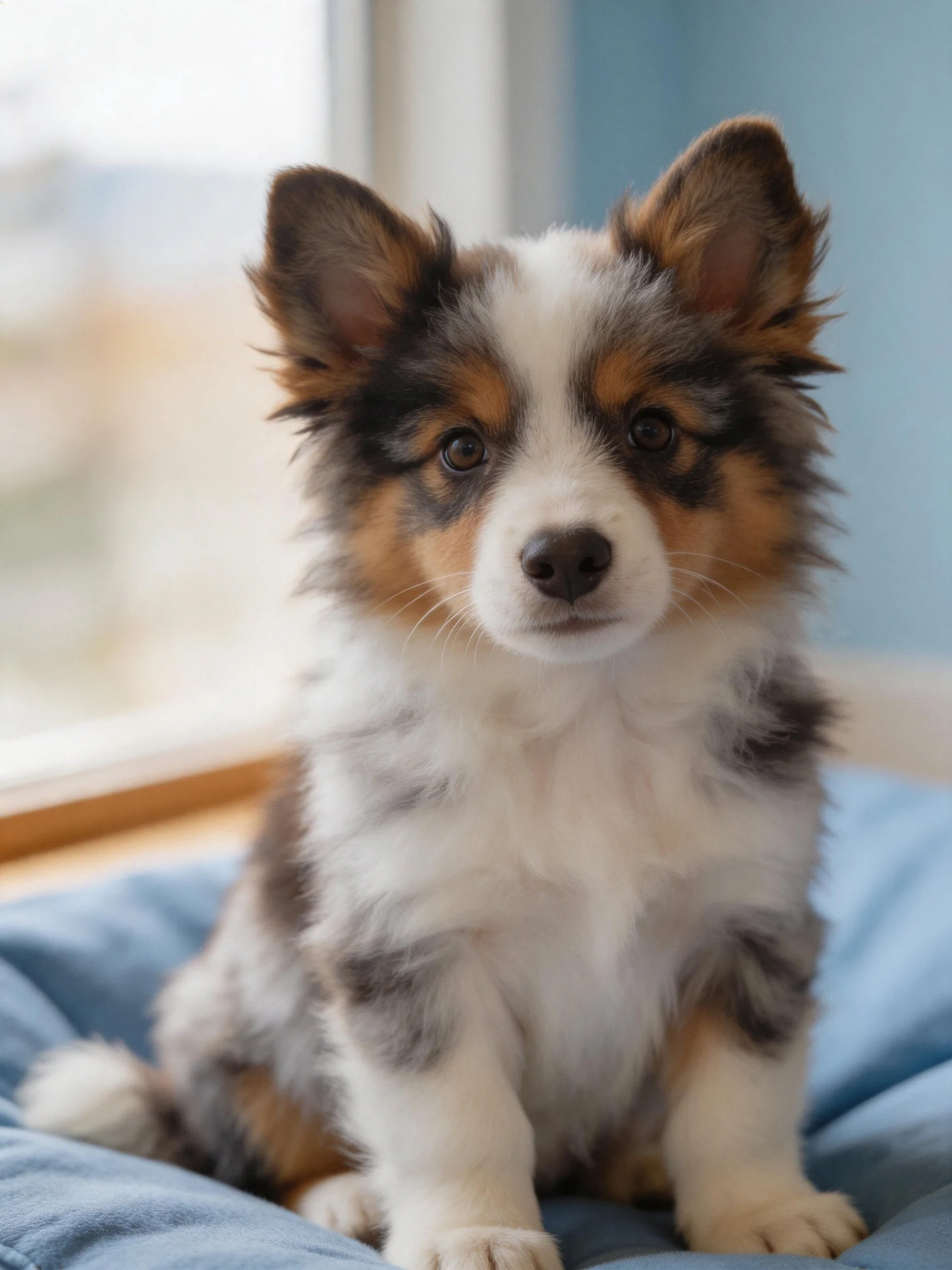 A tricolor puppy sits on a blue cushion by a bright window