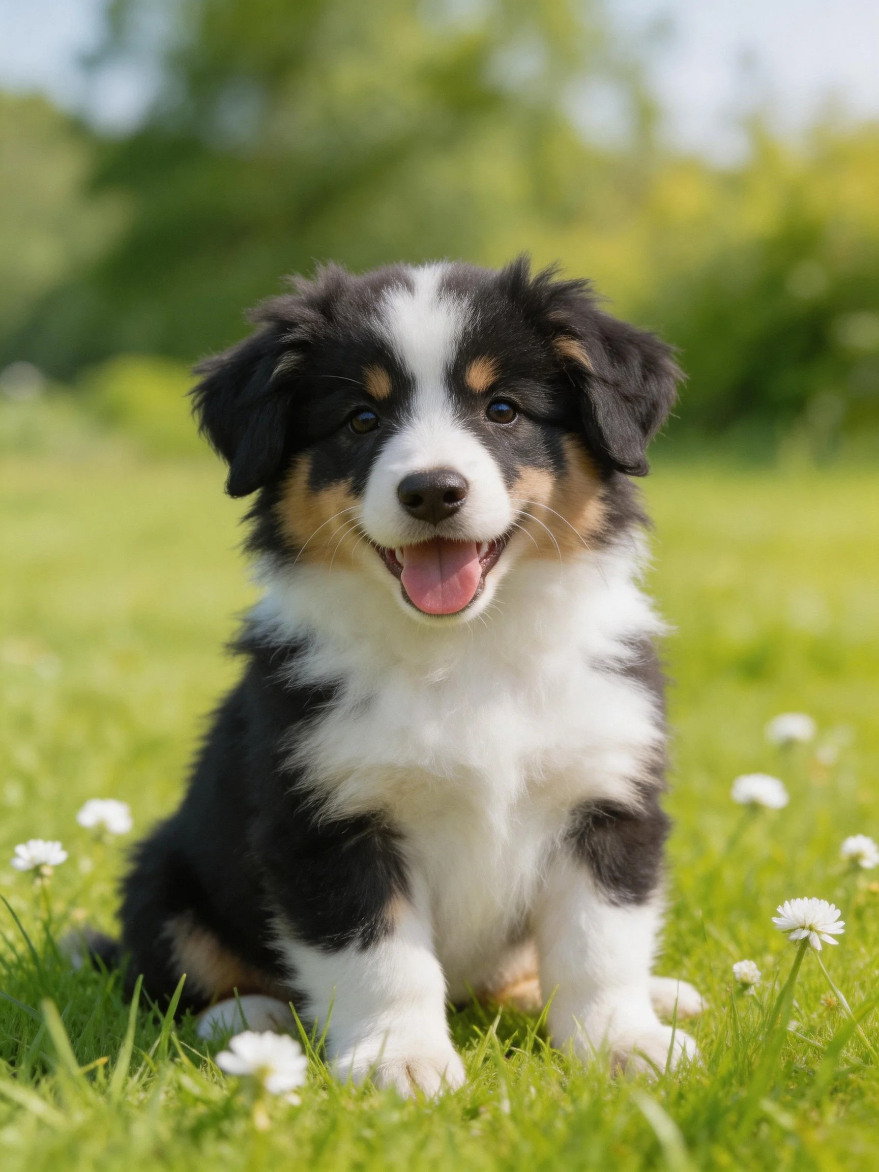 A happy tricolor puppy sits on grass with small white flowers
