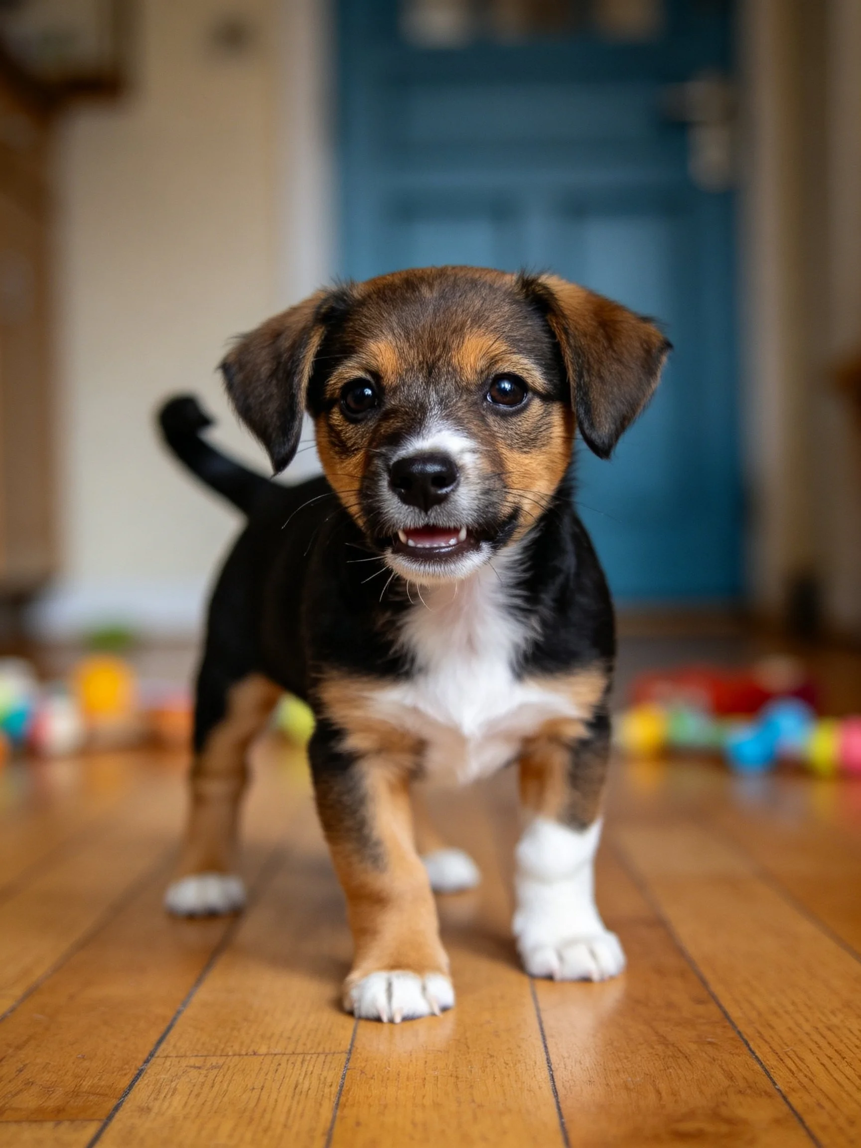 A small tricolor puppy stands on a wooden floor with toys and a blue door in the background.