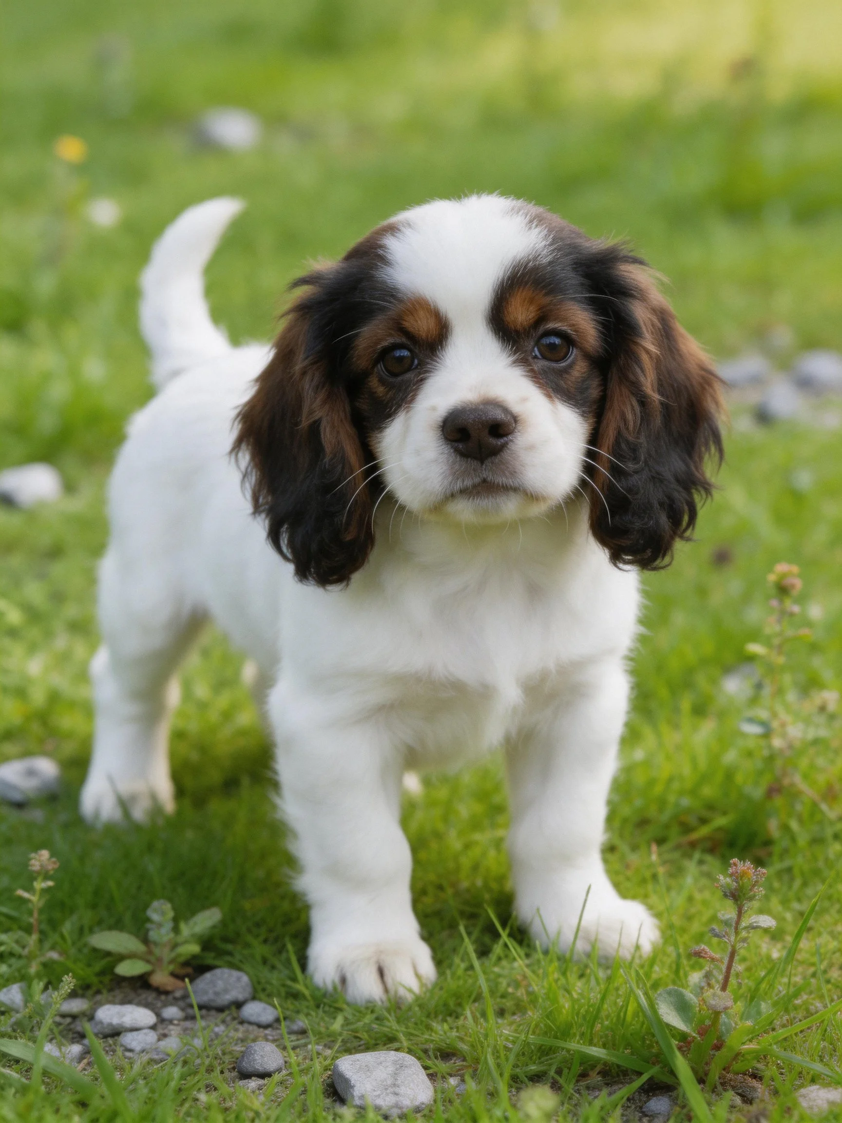 A tricolor puppy stands on grass in a sunlit outdoor setting.
