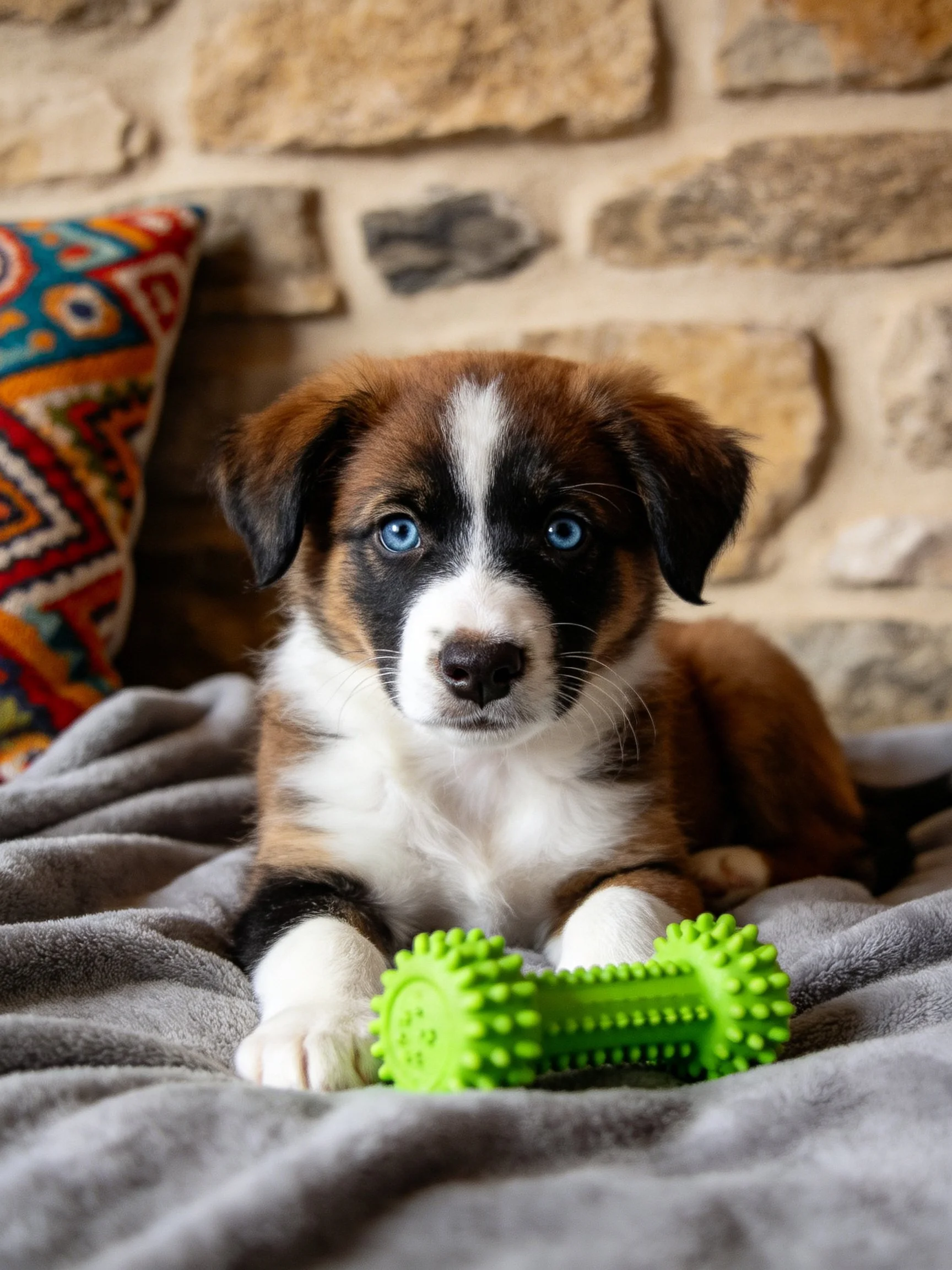 A tricolor puppy with blue eyes relaxes beside a bright green chew toy against a stone wall