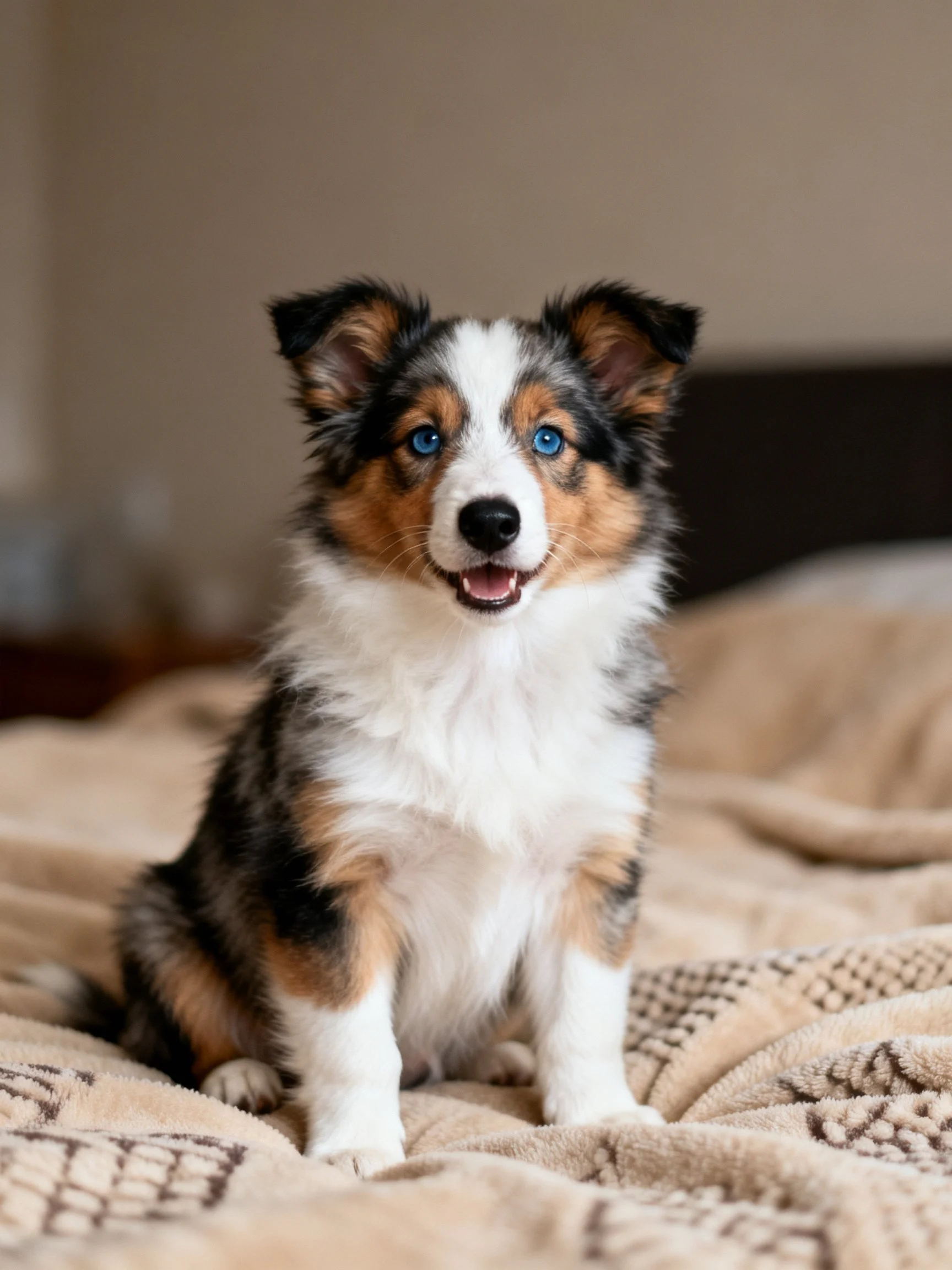 A tricolor puppy with blue eyes sits on a bed with a soft blanket