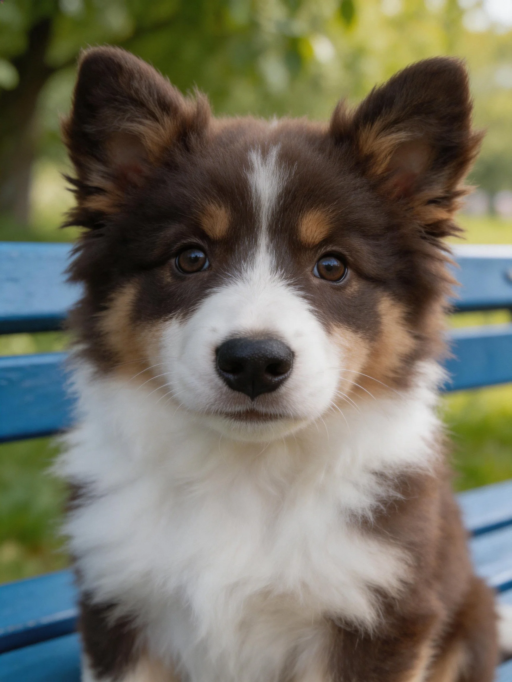 A tricolor puppy rests on a blue park bench in a sunlit park setting.