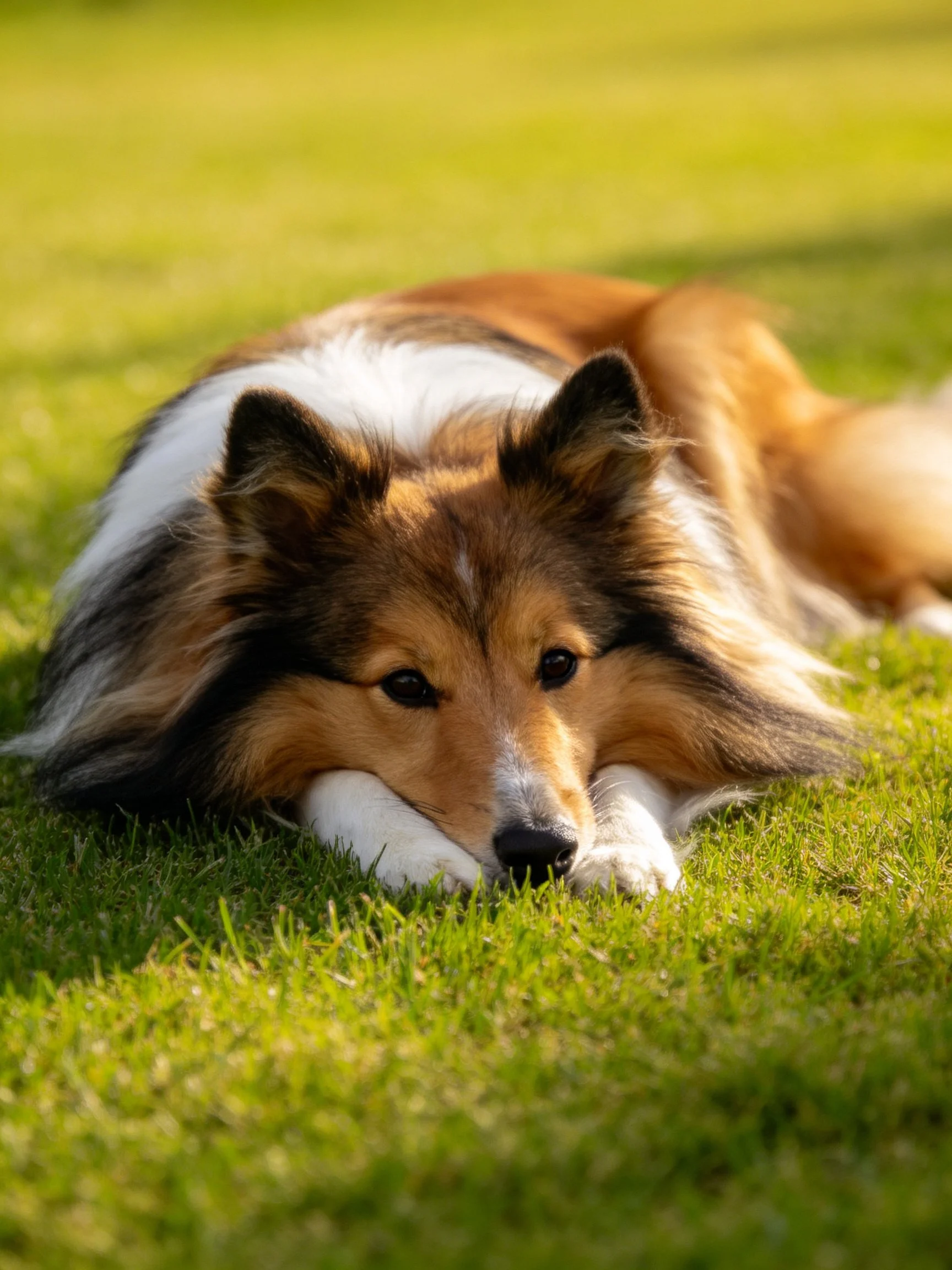A tricolored Shetland Sheepdog lies on lush green grass
