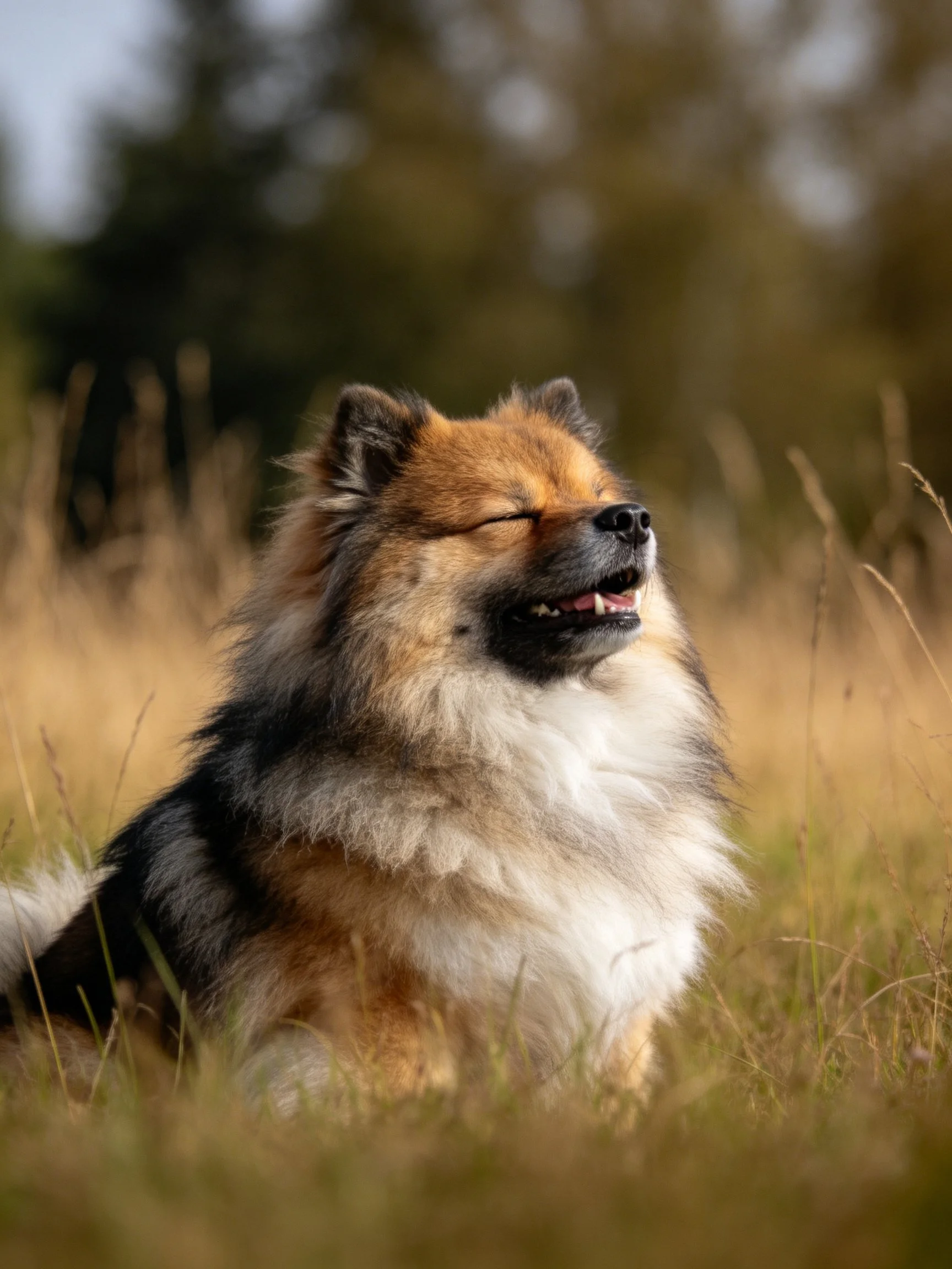 A tricolored dog relaxes amid tall golden grass
